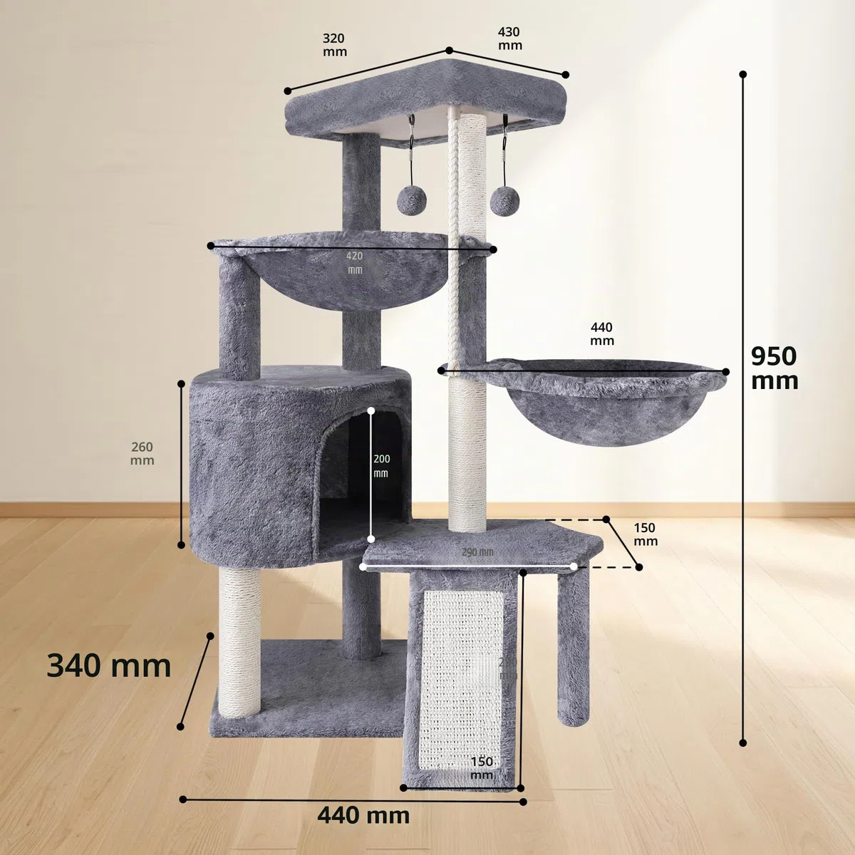 TWDEPART Kratzbaum für Katzen mit Aktivitätscenter, 95cm Kletterbaum Katzenspielzeug mit Spielzeugkugeln, Grau