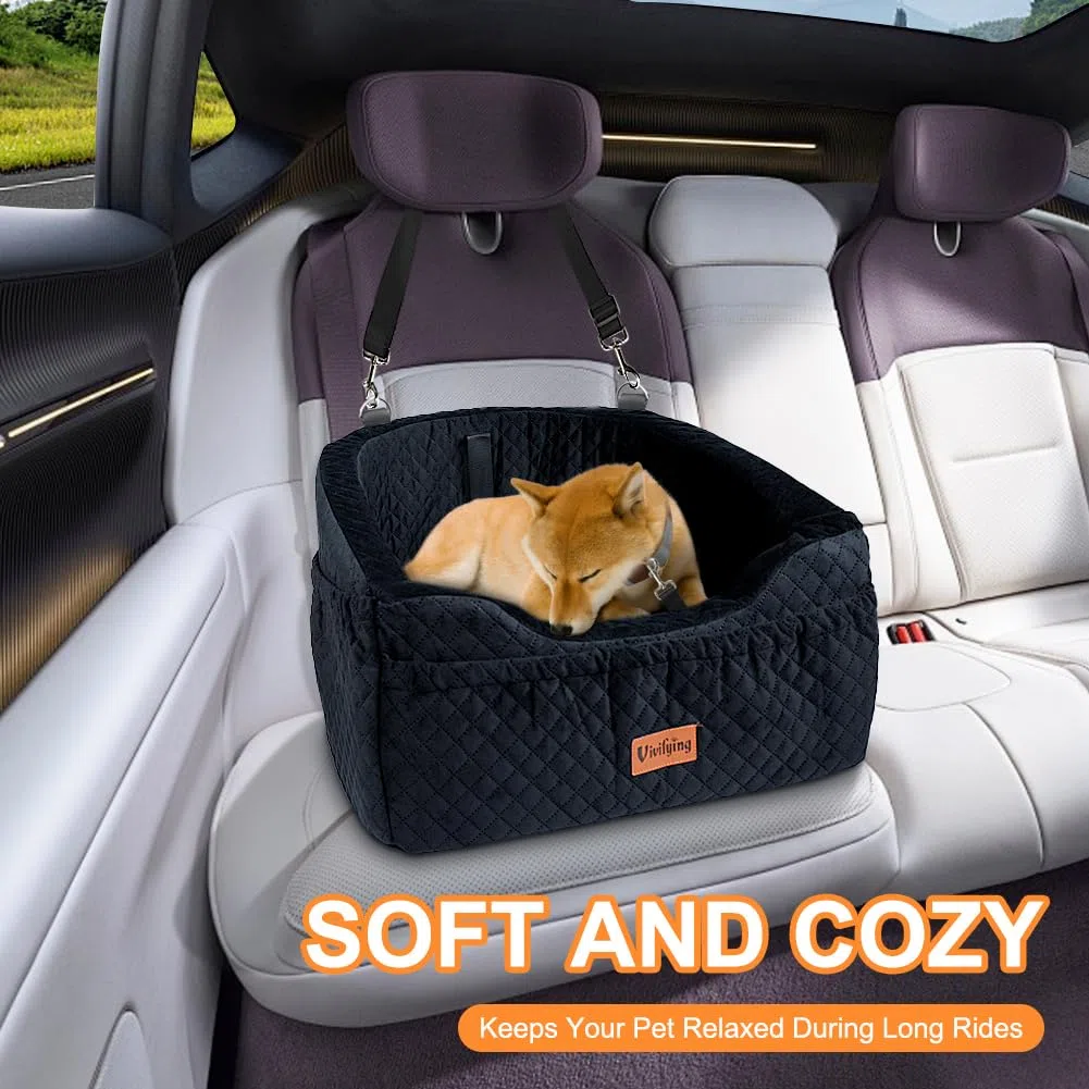 Vivifying Hundeautositz für kleine Hunde, abnehmbare und waschbare Sitzerhöhung für Haustiere bis zu 9 kg, Reisebett mit Staufächern und Sicherheitsgurt (Schwarz)