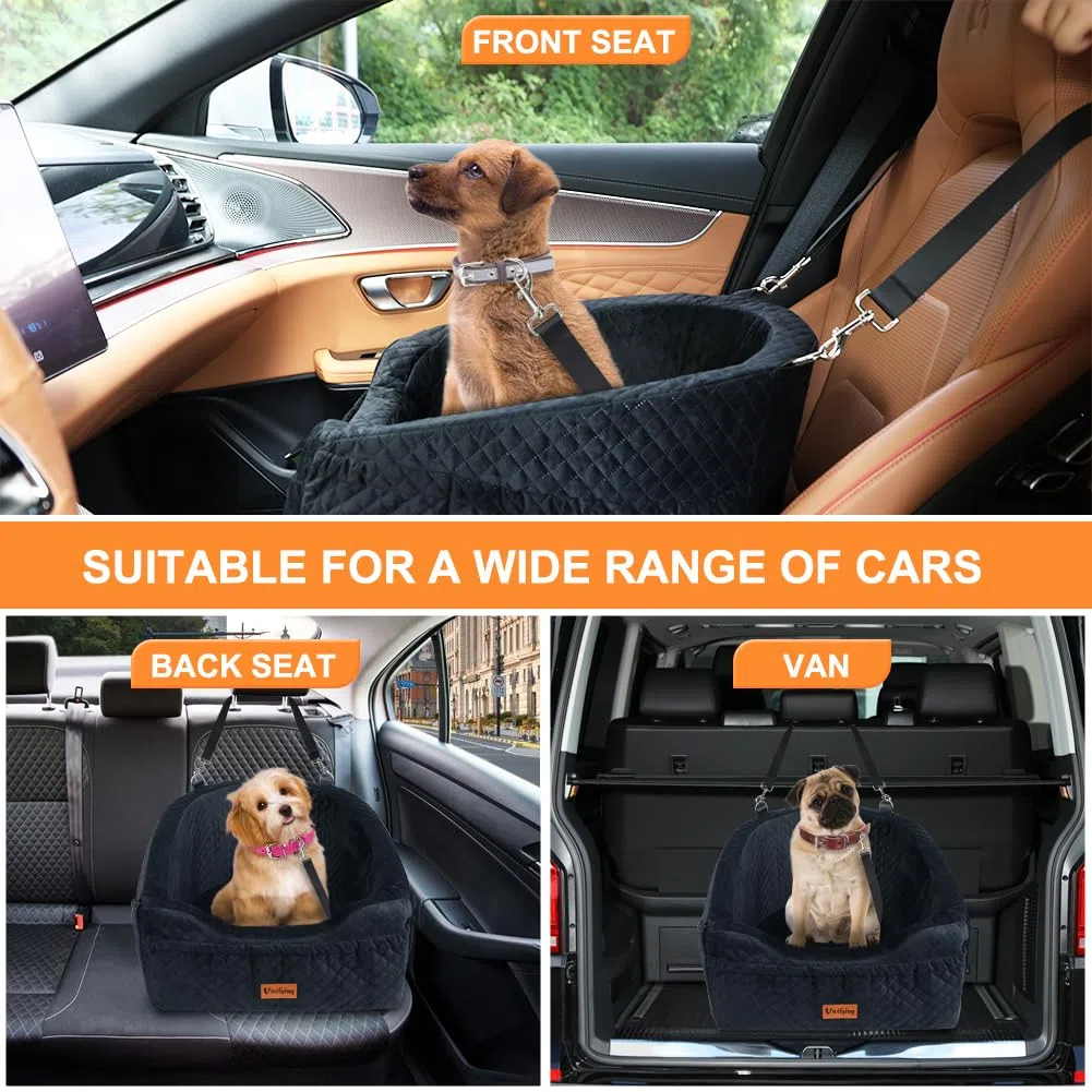 Vivifying Hundeautositz für kleine Hunde, abnehmbare und waschbare Sitzerhöhung für Haustiere bis zu 9 kg, Reisebett mit Staufächern und Sicherheitsgurt (Schwarz)
