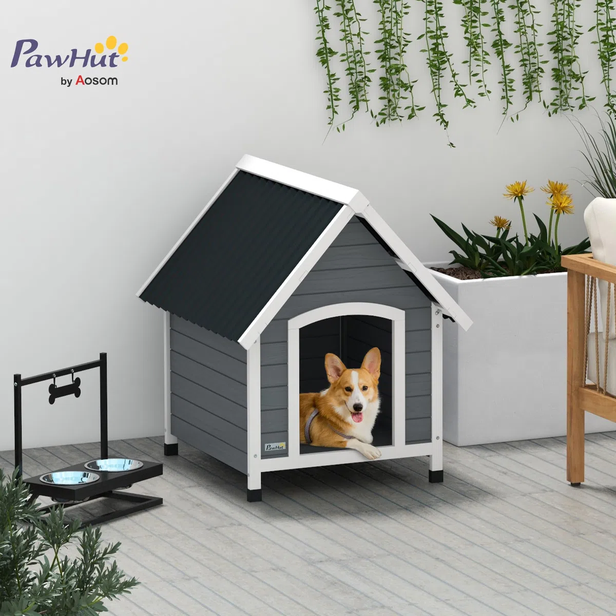 PawHut Hundehütte aus Holz Kleintierhaus mit Asphaltdach Outdoor Hundehöhle korrosionsbeständig Hundehaus mit herausnehmbarem Boden für mittelgroße Hunde 75 x 88 x 82 cm Grau