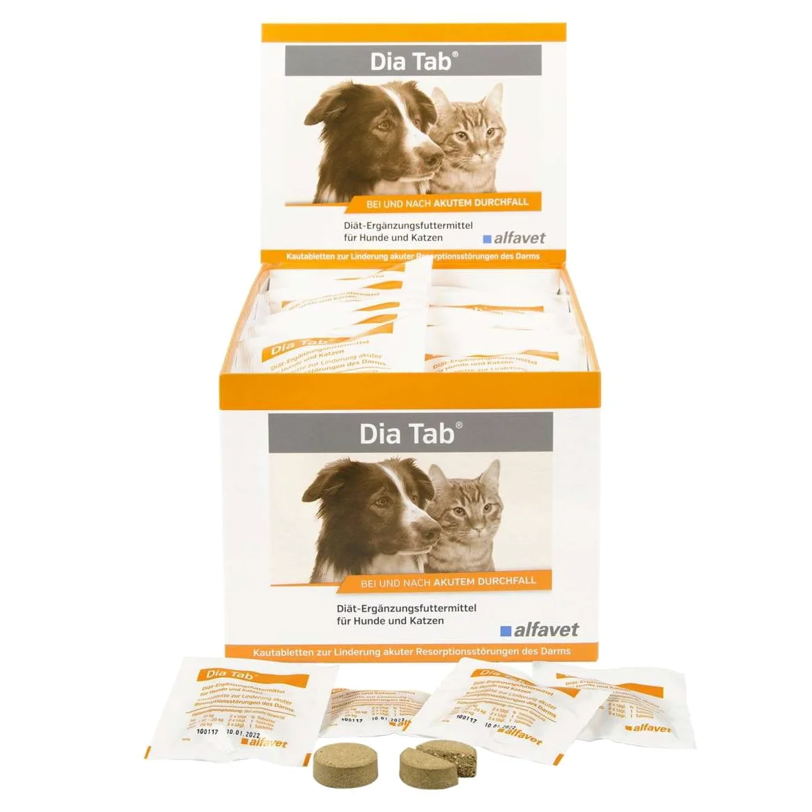 alfavet Dia Tab, 60 x 5,5g, Diät-Ergänzungsfuttermittel für Hunde und Katzen, Kautablette bei und nach akutem Durchfall