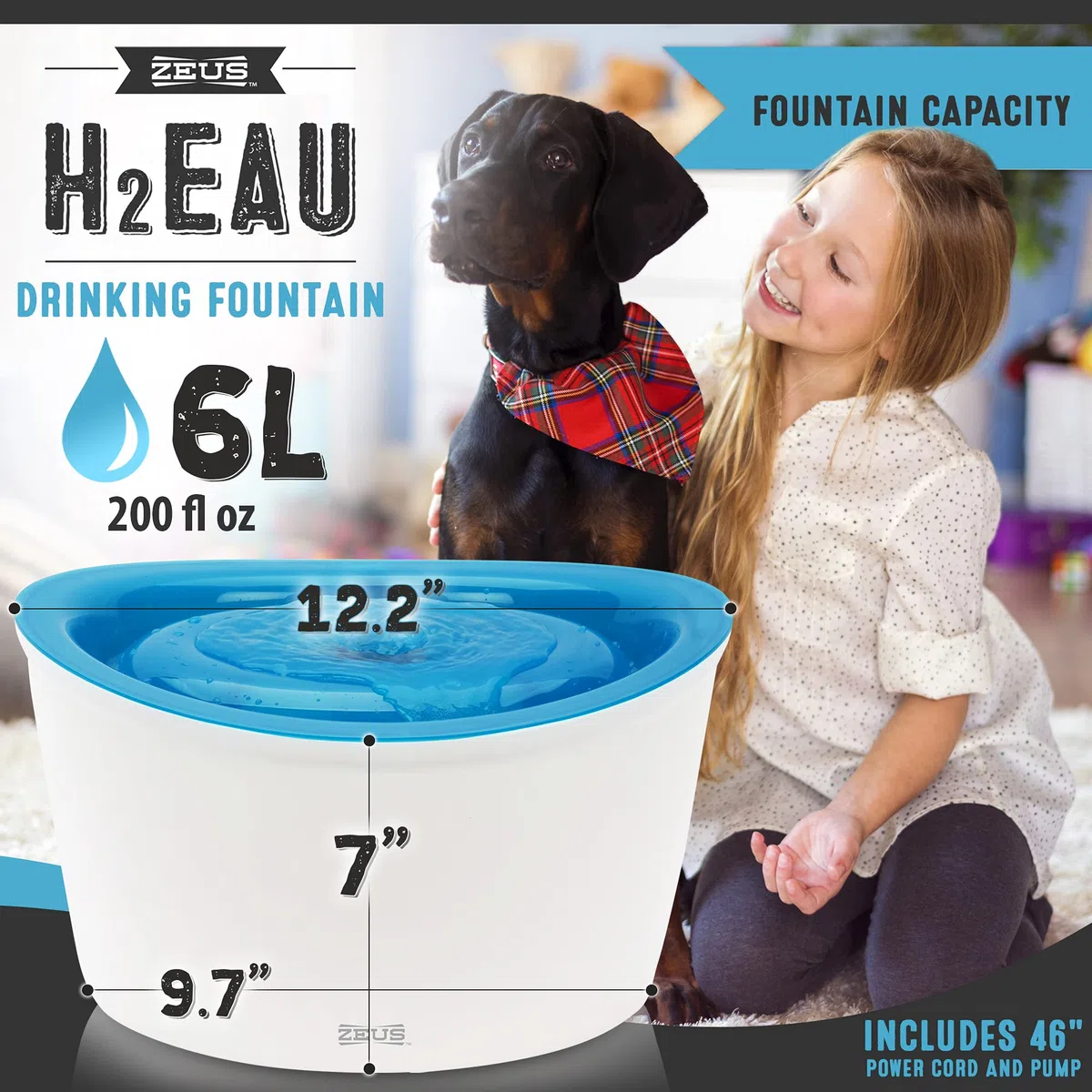 Zeus Trinkbrunnen für Hunde, weiß/blau, 6L