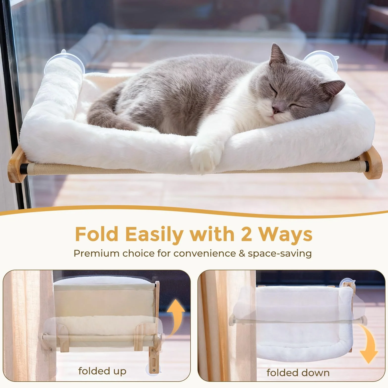 pecute 66x39cm Weiche Katzen Fenster Hängematte, Katzen Fenster Sitzstange Weicher Plüsch Faltbares, Katzenliege Fensterbank, Fensterliege für Hält 18kg (Weiß, Groß)