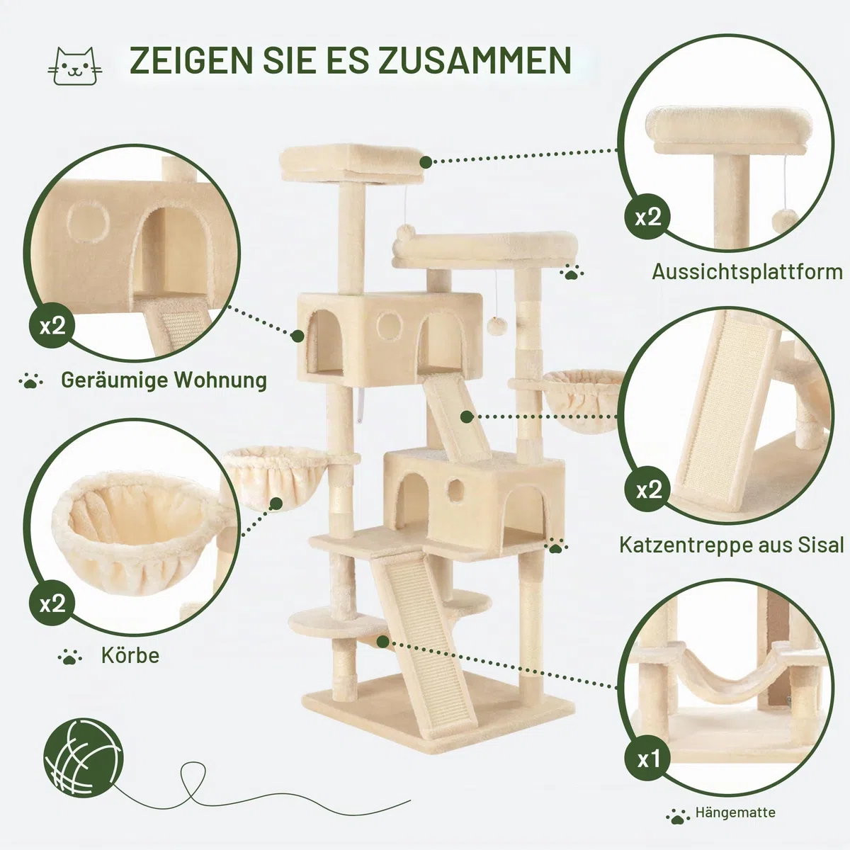 MUTICOR Großer Kratzbaum mit Mehreren Ebenen, für große Katzen, gemütliche Plüsch-Sitzstangen, Sisal-Kratzbäume, Hängematte und Körbe, Spielhaus, breite Basis, Beige, 168 cm