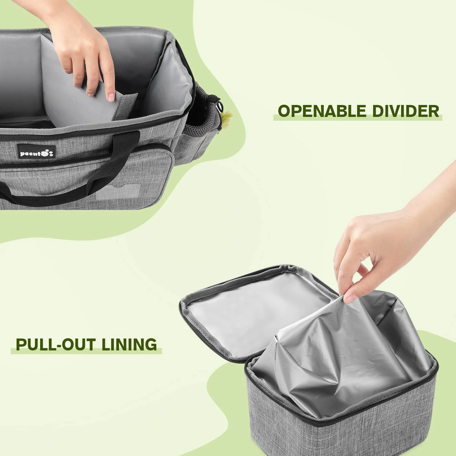 Pecute Hunde Reisetasche Große Hundetasche, Haustier, mit 2 Aufbewahrungstaschen und 2 Hundenäpfe, Hundetragetasche Dog Travel Bag für Reisen, Camping oder Tagesausflüge, Grau 42 * 18 * 30 cm