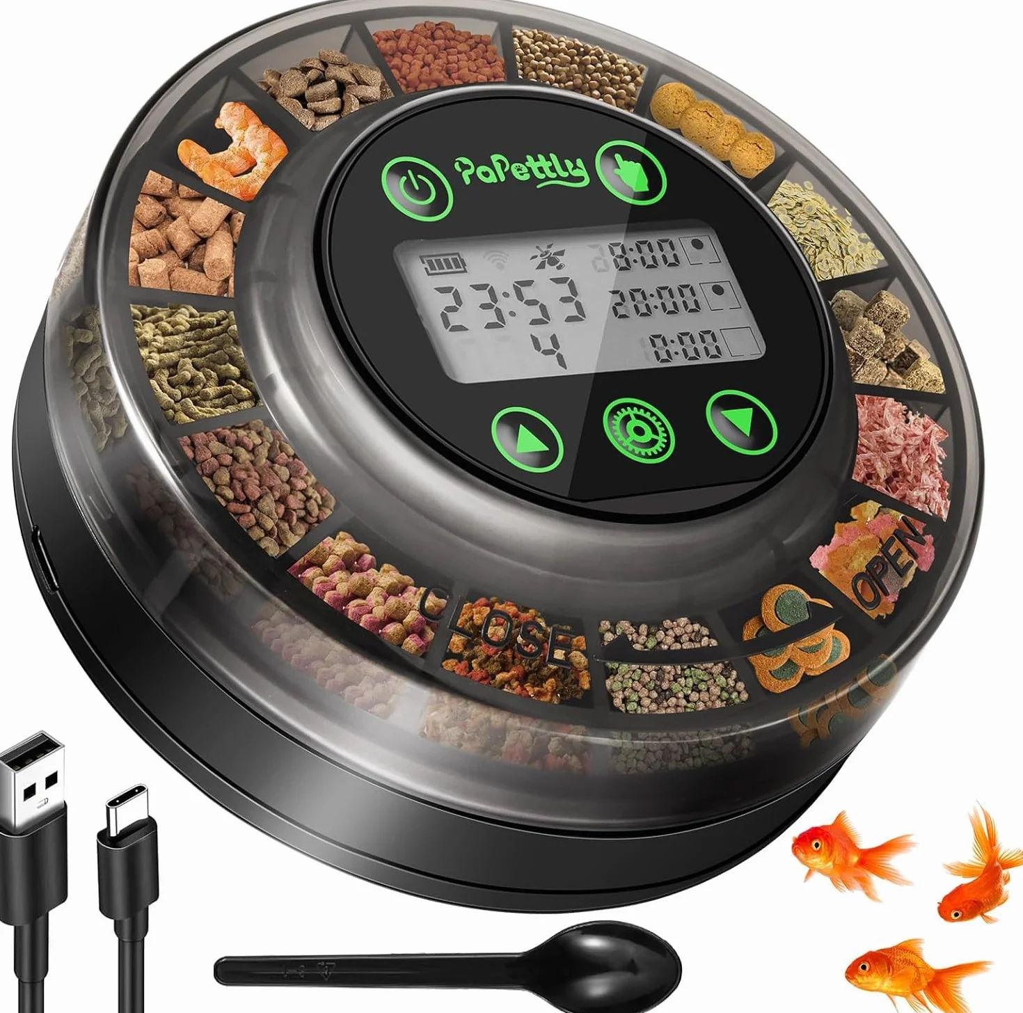 Papettly Futterautomat Aquarium, Automatischer Fischfutterautomat für Aquarium mit Timer, Futterautomat, Wiederaufladbare Fische Fischfutterspender mit USB-Kabel LCD-Anzeige Fisch Futterautomaten