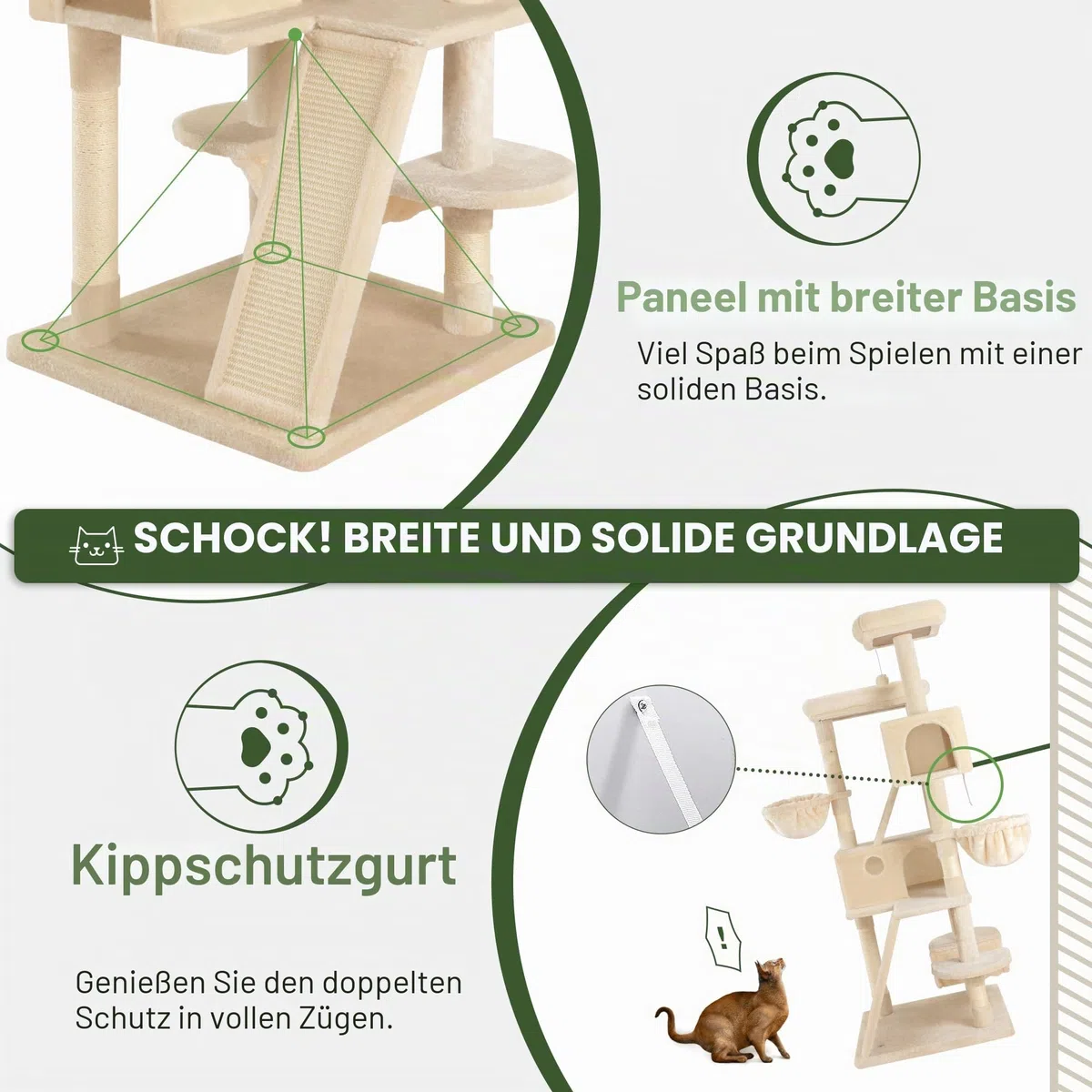 MUTICOR Großer Kratzbaum mit Mehreren Ebenen, für große Katzen, gemütliche Plüsch-Sitzstangen, Sisal-Kratzbäume, Hängematte und Körbe, Spielhaus, breite Basis, Beige, 168 cm
