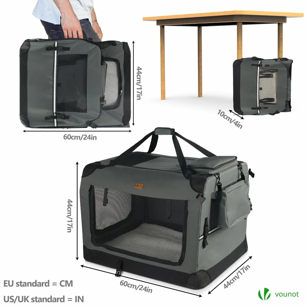 VOUNOT Hundebox faltbar, Transportbox Katze Hunde, Hundetasche, Oxford-Gewebe, Netzstoff, Atmungsaktiv, Transportabel, Metallrahmen, mit Griffen, Taschen, 60x44x44cm M, Grau