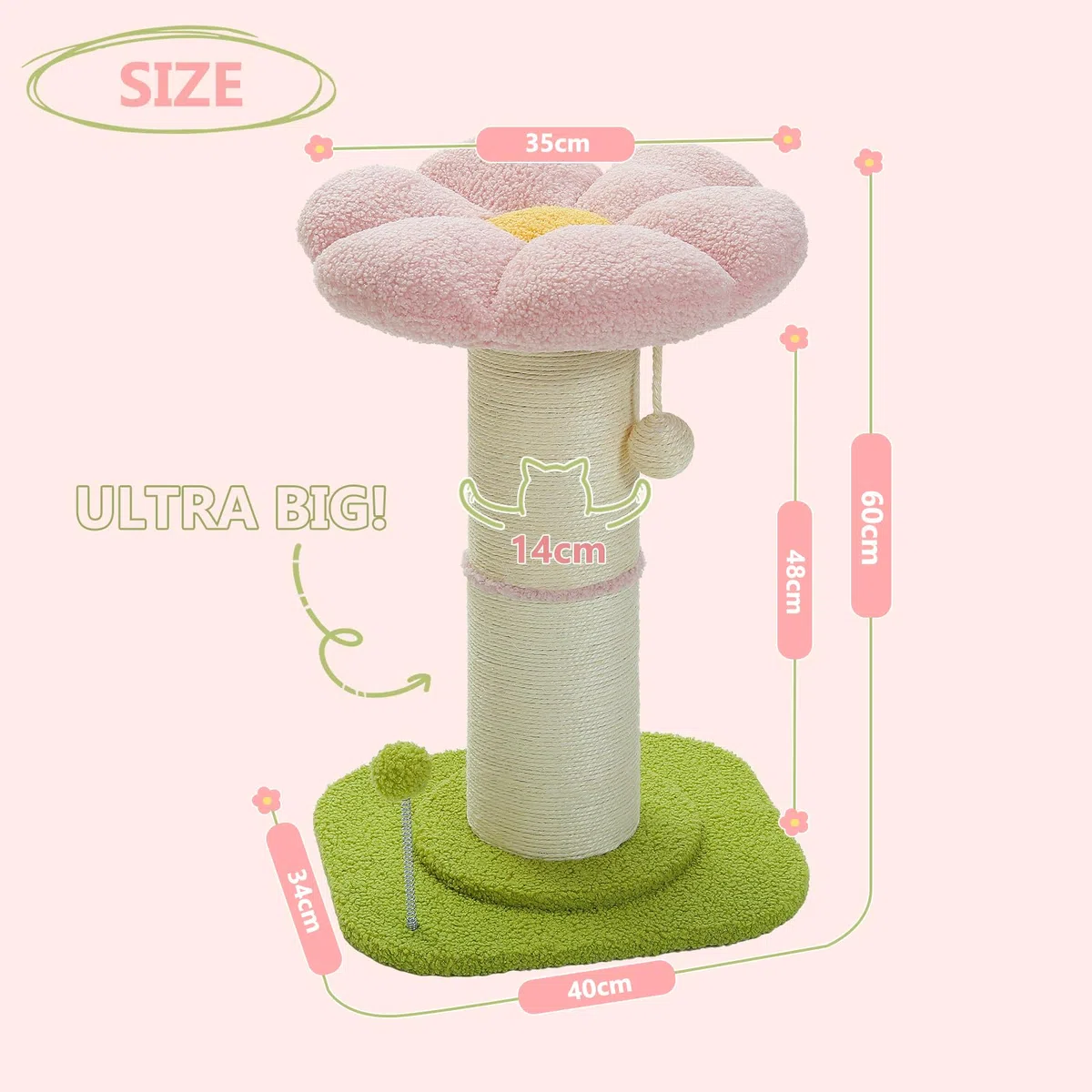 PAWZ Road Flower Katzenkratzbaum - Kleiner Katzenbaum für Indoor-Katzen Mit Super Dickem Kratzbaum [Dia=14cm], Abnehmbares Blumen-Katzenbett, Federball - Rosa