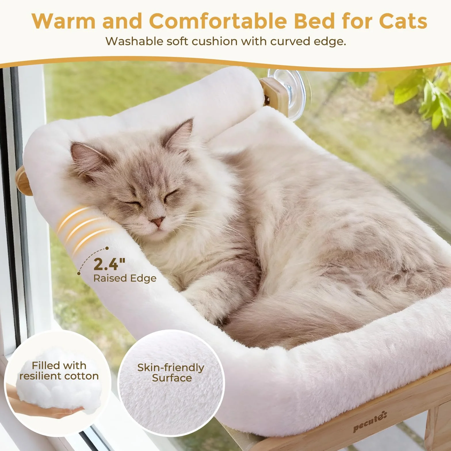 pecute 66x39cm Weiche Katzen Fenster Hängematte, Katzen Fenster Sitzstange Weicher Plüsch Faltbares, Katzenliege Fensterbank, Fensterliege für Hält 18kg (Weiß, Groß)