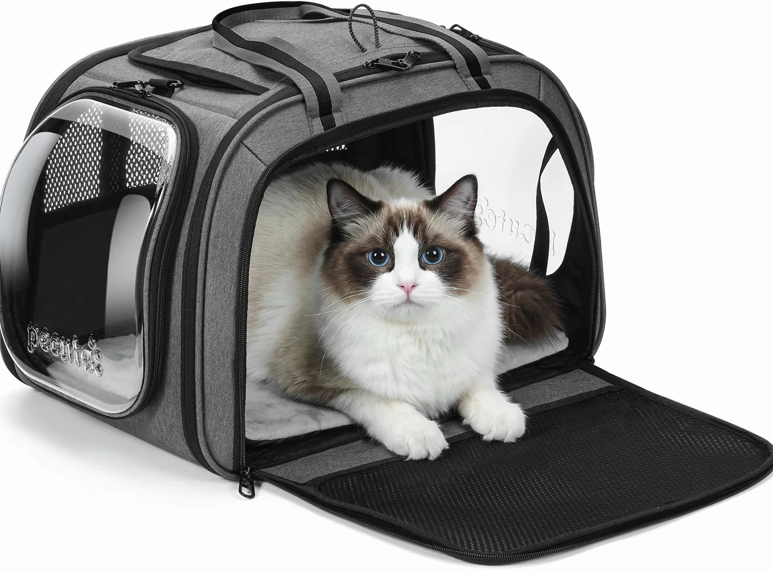 Pecute Katzentransporttasche mit Sichtfenster, atmungsaktiv, stabil, Grau L 46x36x34cm