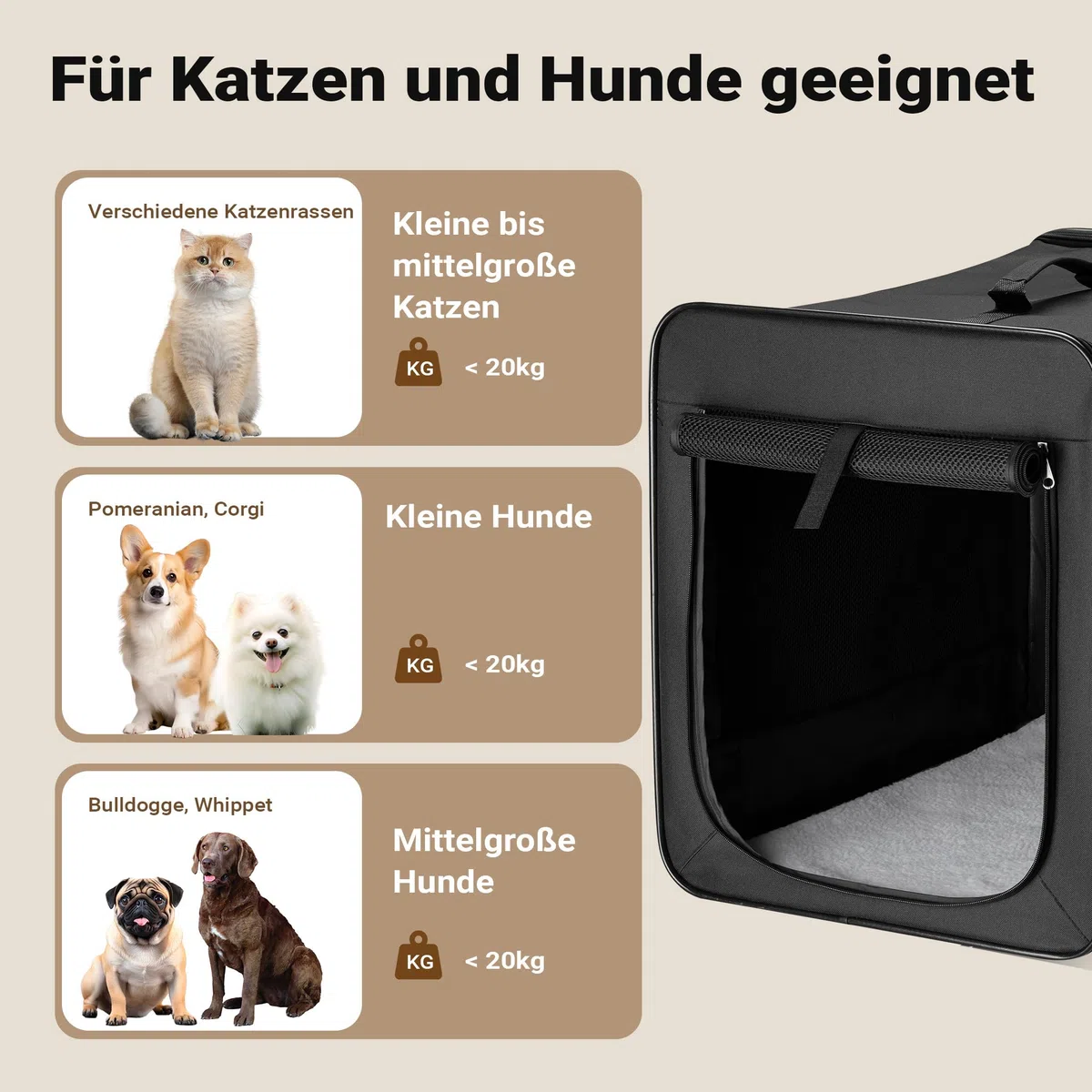 Wiltec Faltbare Transportbox für Hunde, Katze L (76x56x61 cm), robust, leicht, sicher, Hundebox mit entnehmbarem Kissen, Schwarz