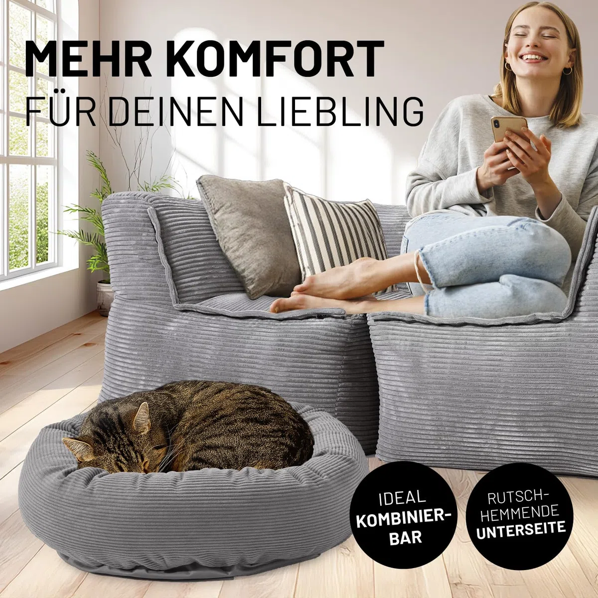Lumaland Komfort Katzenbett Cord, Ø 60 cm | Katzenhöhle Rutschfester Boden | Katzen Zubehör mit Softer Füllung & Cord-Bezug – alle Teile waschbar | Katzenkorb mit Reißverschluss und 15 cm hohem Rand