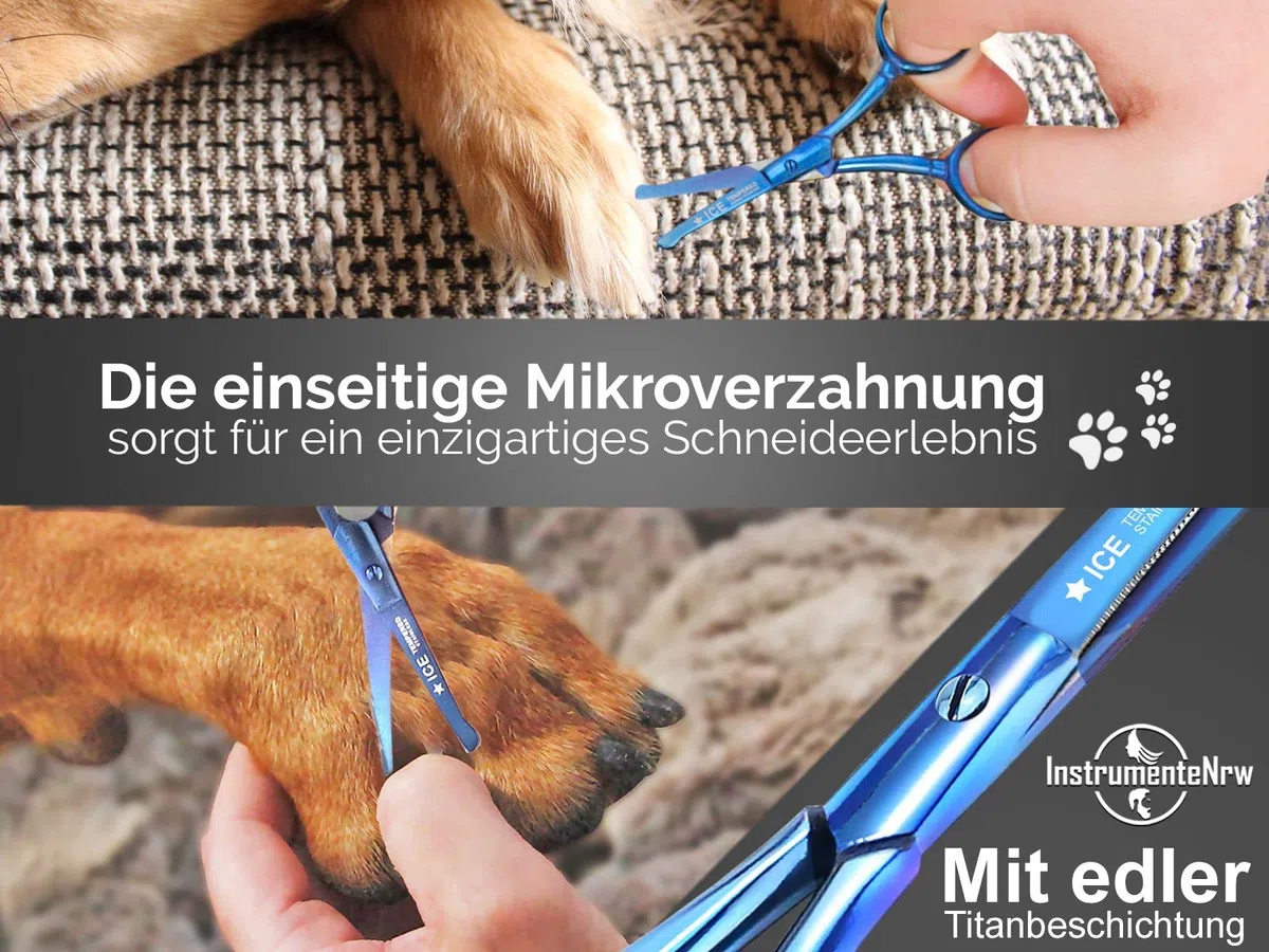 Profi Pfotenschere Fellschere Gerade TITAN mit Mikroverzahnung 9 cm Blau