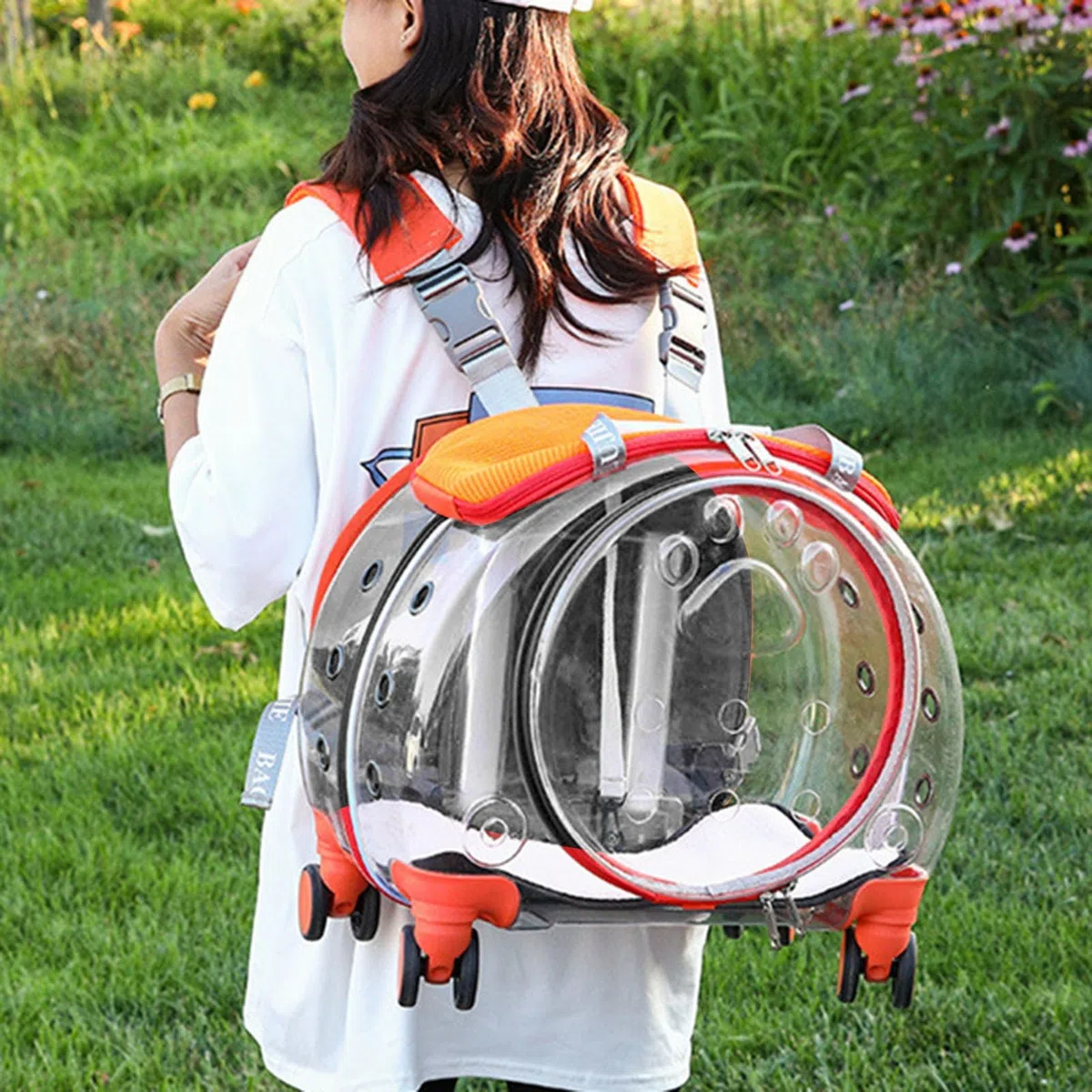 Katzentragetasche mit leisen Rädern, Rolltasche für Haustiere mit transparenten Belüftungslöchern, tragbarer Hunderucksack, Reisetragersitz für Katzen/Hunde, Haustier-Trolley-Tasche für Reisen, Orange