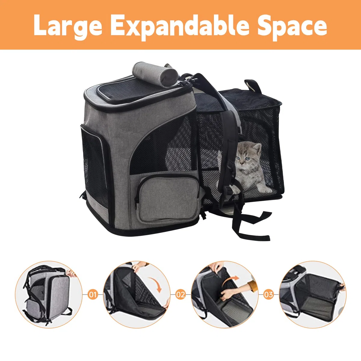 Haustier Rucksack Hunderucksack bis 10kg Katzenrucksack Faltbar und Erweiterbar Katzentransportbox Katzentransporttasche Hundebox mit 2 Matten für Katzen und Kleine Hunde Grau