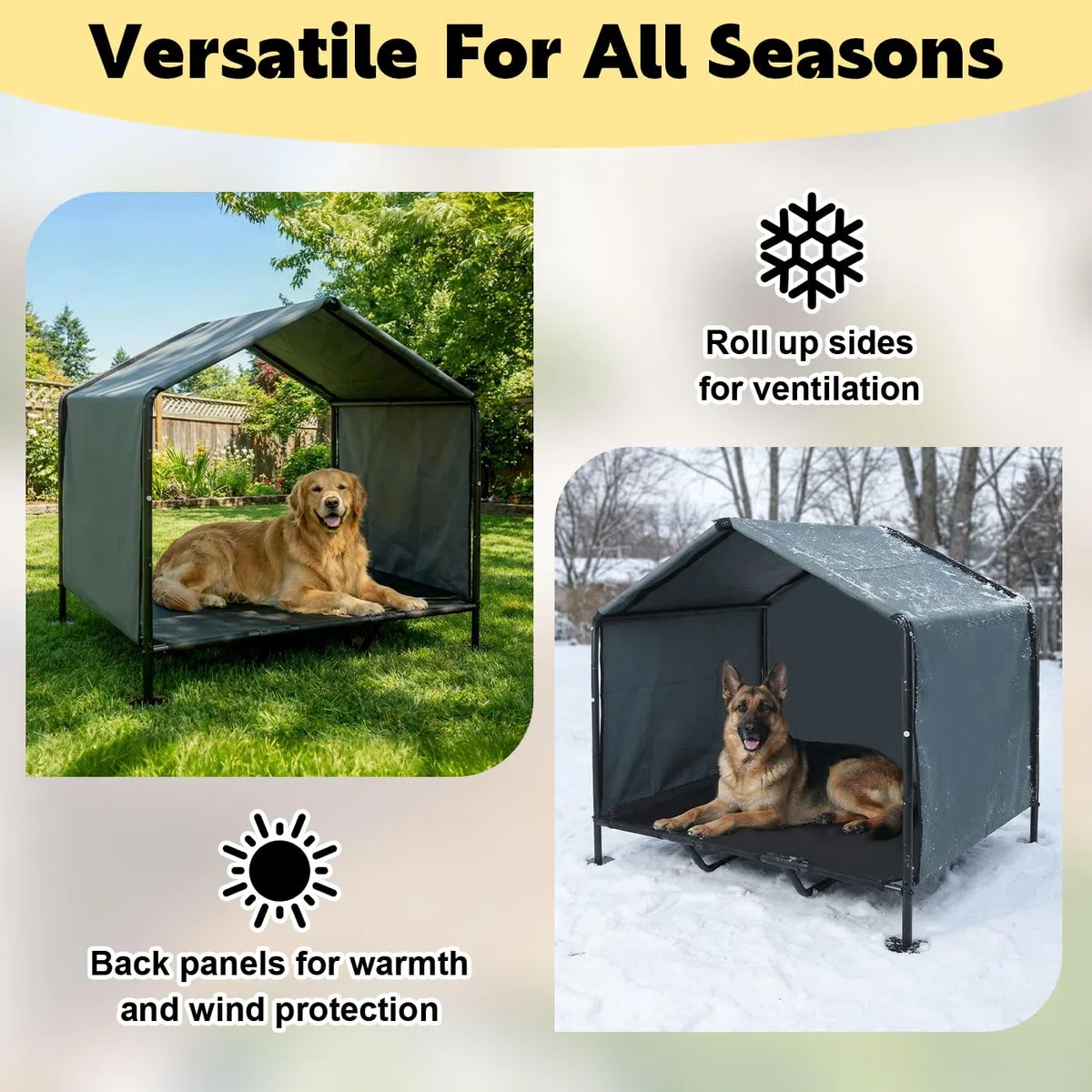 Hundehütte Outdoor mit Hundebett, 100 x 87 x 106 cm, Sonnengeschützte Hundehütte für Kleine bis Große Hunde und Katzen, Wasserdichtes Hundezelt mit Abnehmbarer Tür, für Camping, Garten, Dunkelgrau