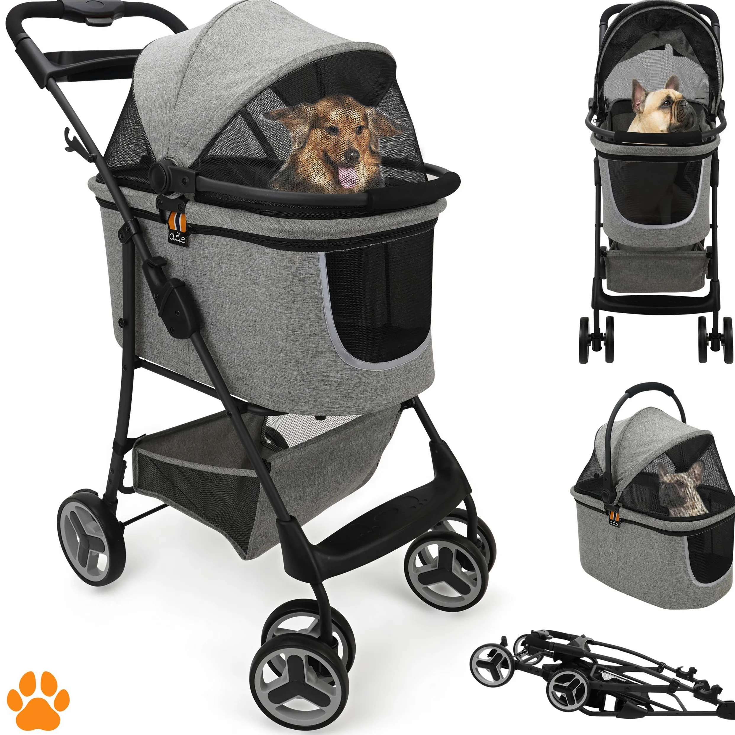 Modell CECE 2 in 1 Hundebuggy und Transportbox für Hunde | Faltbare Hundebox mit Extrakorb für Einkäufe oder Tierbedarf | Nutzung als Hundewagen oder sicherer Tragekorb – Grau-Melange