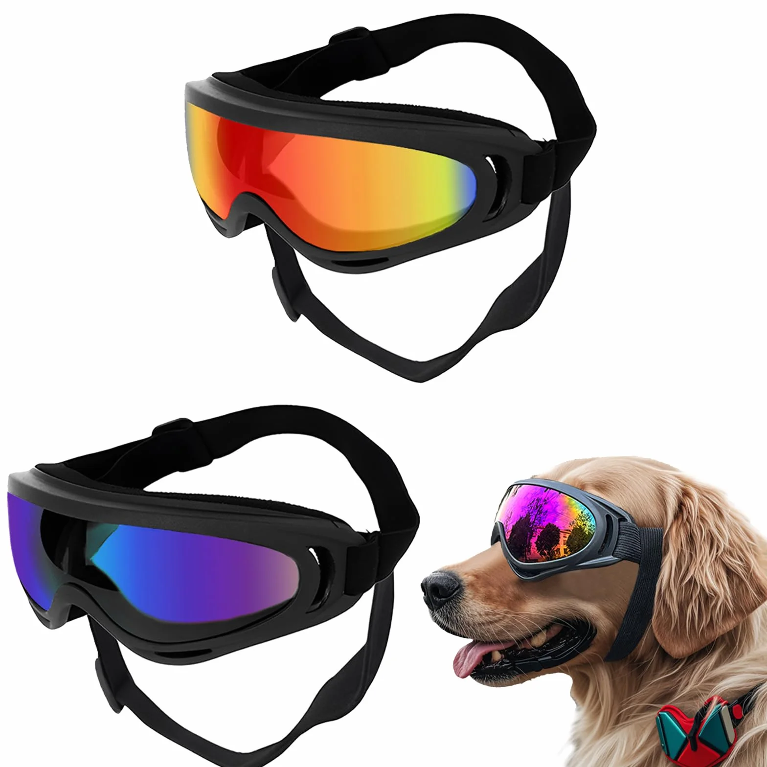2Stück Hundebrille, Brille Hund UV-Schutz, Winddicht Hunde Brille, Sonnenbrille Hund mit Verstellbare Riemen, Hundesonnenbrille für Mittel Große Hunde, zum Autofahren,Outdoor-Aktivitäten,Farbe