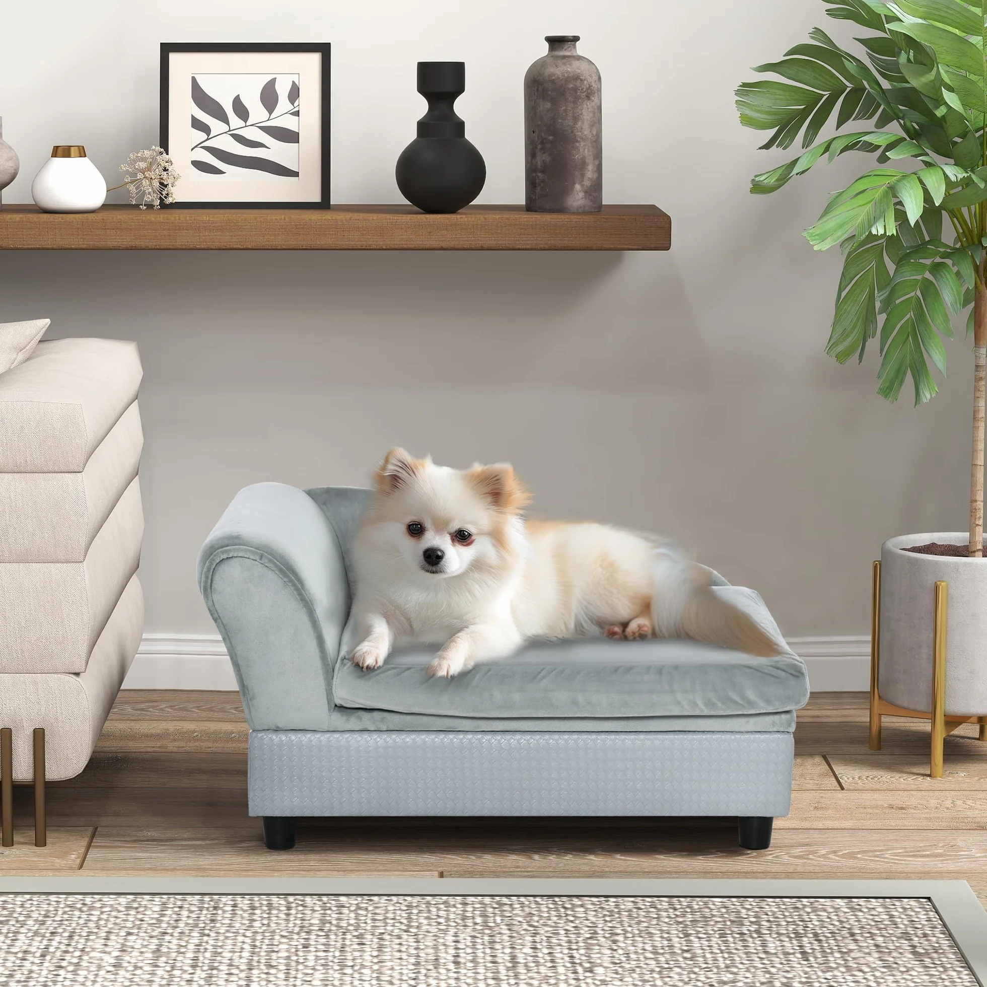 PawHut Hundesofa Hundebett Hundecouch aus Plüsch mit Lagerraum, Rückenlehne, Kissen Katzensofa für kleine Hunde 76 x 45 x 43 cm Hellgrau