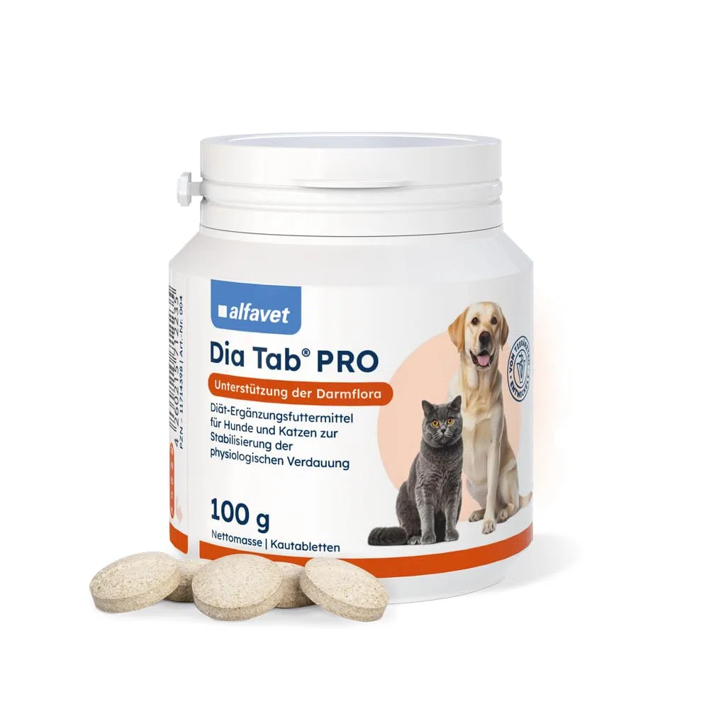 alfavet Dia Tab PRO 100 g – Diät-Ergänzungsfuttermittel für Hunde & Katzen – Prä- & Probiotika zur Stabilisierung der Verdauung – Leckere Kautabletten mit Bentonit zur Unterstützung der Darmflora