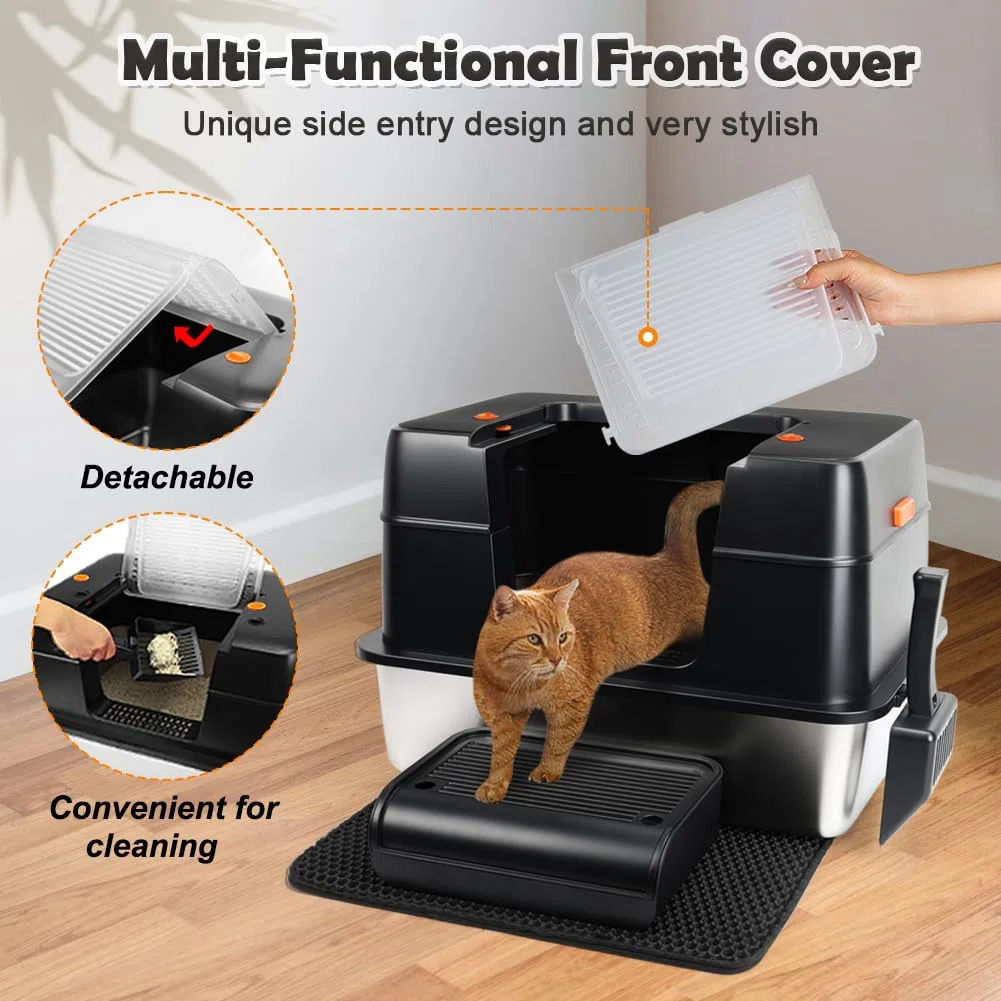 Vivifying Katzenklo Edelstahl mit Deckel, XL Leicht zu Reinigen und Geruchsresistent Katzentoilette Edelstahl, Rostfreier Stahl Katzenklo mit Pedals, Schaufel und Matte (Schwarz)