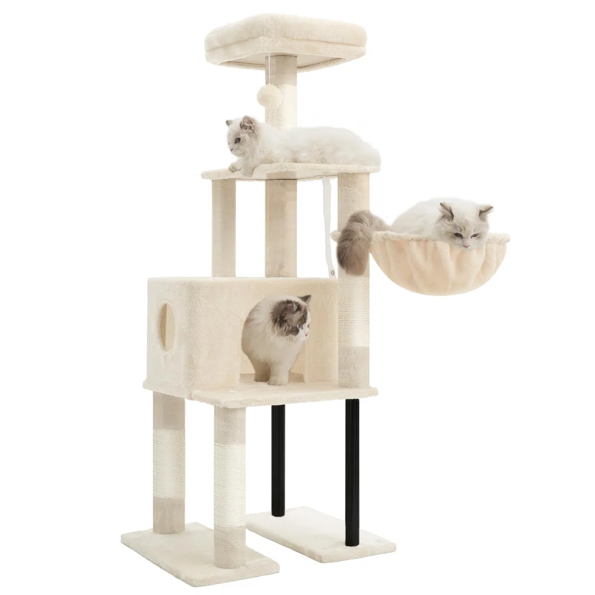 Heybly Kratzbaum, 125 cm Kleiner Katzenbaum, Geräumiges und Bequemes Kratzbaum mit Höhle, Oben Sitzstange, Sprungplattform, Kratzsäule, Korb, Stabile Metallrohre, Beige HCT200SM