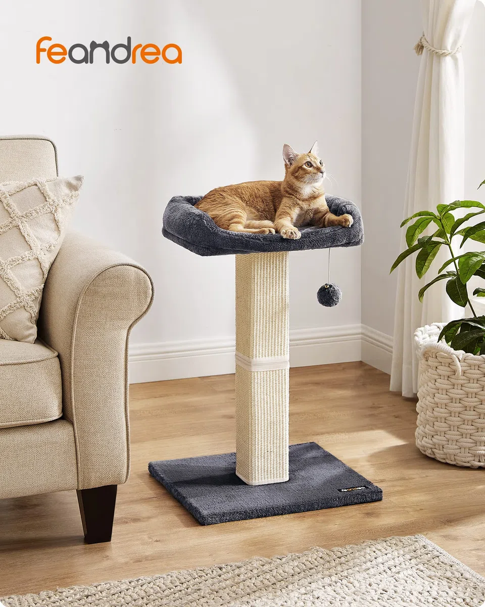 Feandrea Kratzbaum, Katzenbaum mit 40 x 30 cm Plattform aus Plüsch, Kratzstamm, Katzenkratzbaum, 71 cm hoch, 10 cm Dicke Kratzsäule mit geflochtenem Sisal, mit Plüschball, dunkelgrau PCA022G01