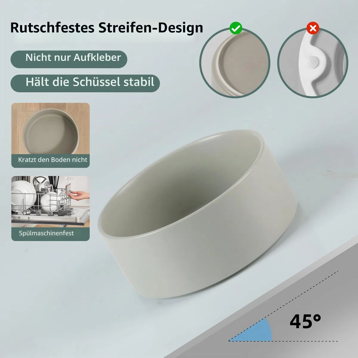 Havniva Ceramic 18,5 cm Hocheinlegesatz für Hunde, Erhöht mit Ständer, Futter- und Wasserbecher für mittelgroße Hunderassen, gewichtete Hundefressschalen, Petbecher (1,3 l, Grau)