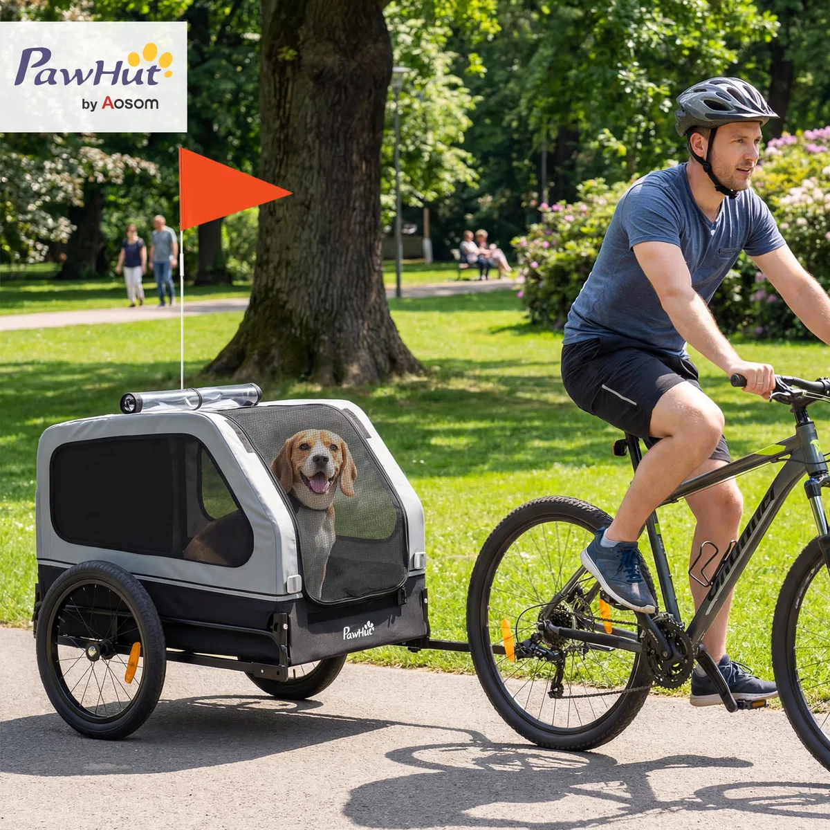 PawHut Fahrradanhänger für Hunde Faltbar Hundeanhänger für Kleine und Mittelgroße Hunde bis 20kg Hundefahrradanhänger mit herunterklappbare Rampe Reflektoren Leine Flagge 138 x 69 x 70 cm Grau