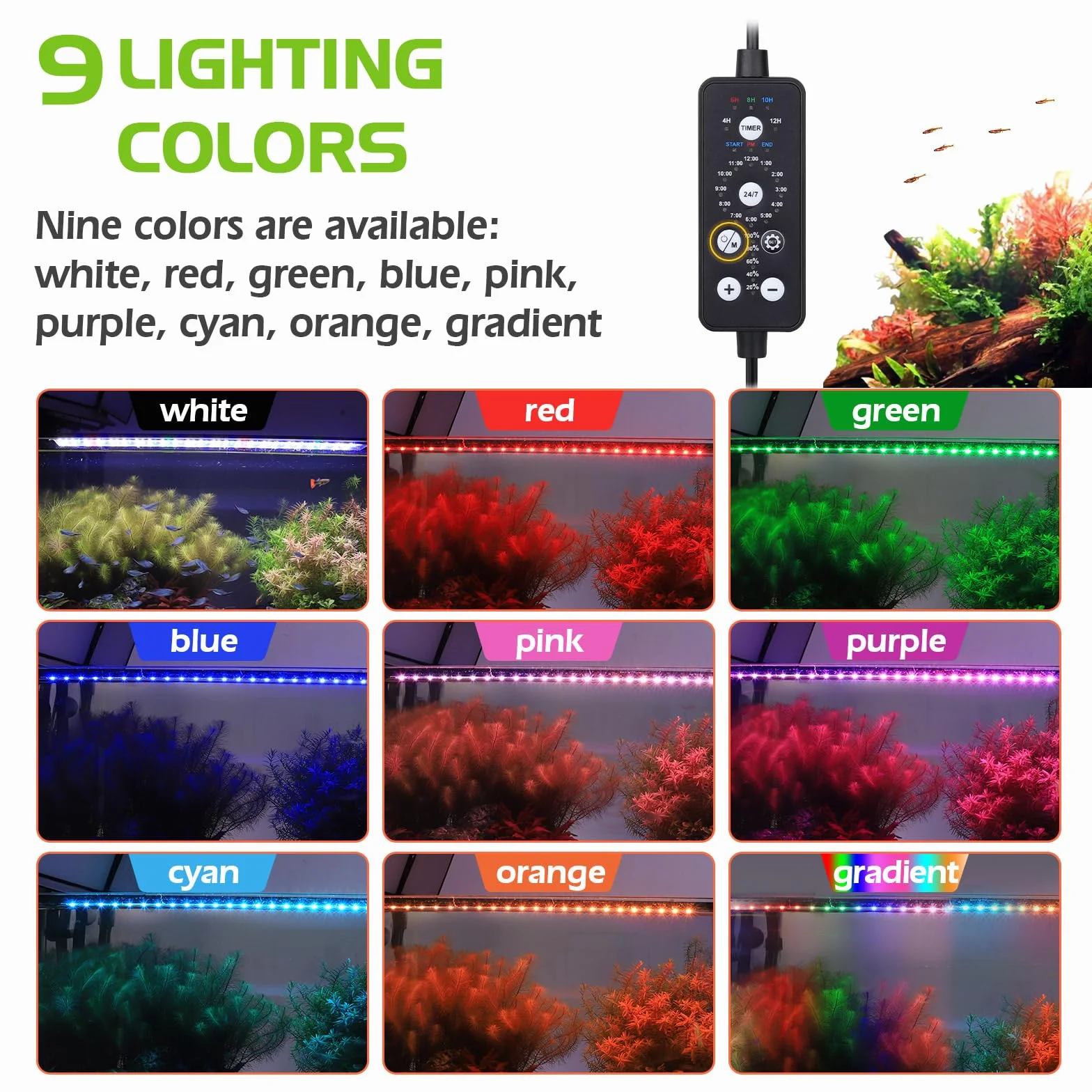 hygger Aquarium LED Beleuchtung, 14W Vollspektrum für 30-45cm Süßwasser Tanks mit 9 Farben und 10 Helligkeitsstufen