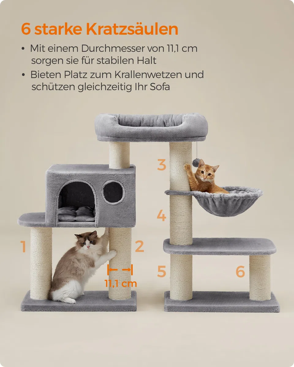 Feandrea Kratzbaum für große Katzen, XXL, hochbelastbar, Katzenturm mit 6 extra dicken Kratzsäulen, große Plattform, Höhle, Korb, flexibel aufbauen, abnehmbare, waschbare Kissen, hellgrau PCT01W