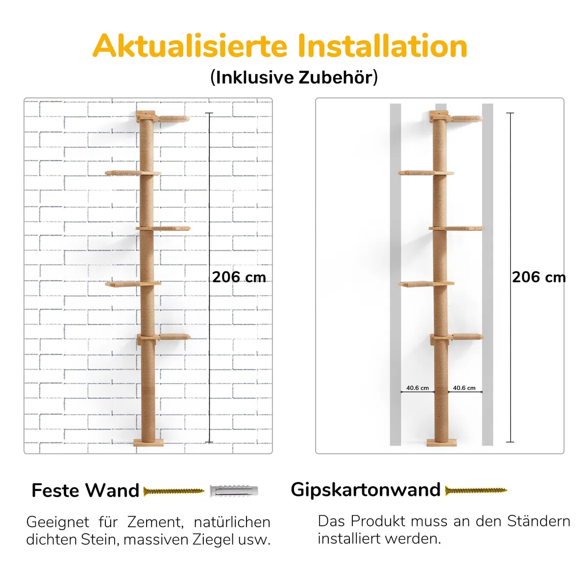 FUKUMARU Kratzbaum, 5 Etagen bis zur Decke reichender Katzenturm(206 cm), wandmontierter Katzenbaum,aus Natürliches Gummibaumholz, für Katzen zum Klettern, Kratzen, Ausschau halten und Spielen.