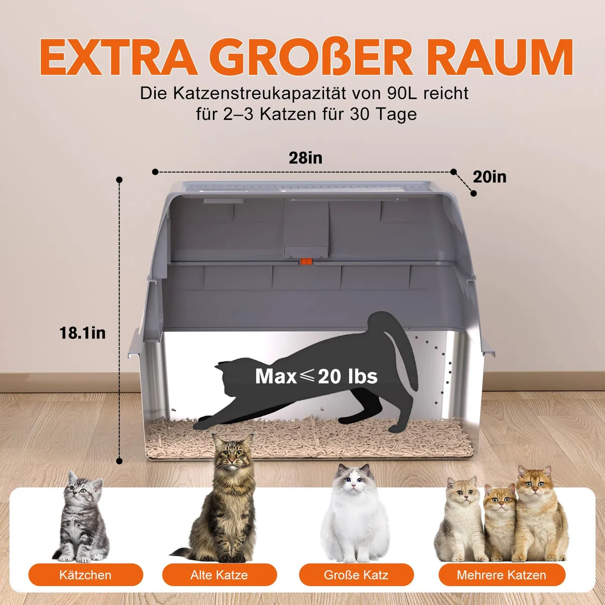 XXXL Katzenklo Edelstahl mit Deckel 70x50x45 cm 90 L extra groß Katzentoilette Edelstahl für große Katzen & Mehrkatzenhaushalte, geschlossenes/Offen, leicht zu reinigen, Anti-Leck, mit Pedal