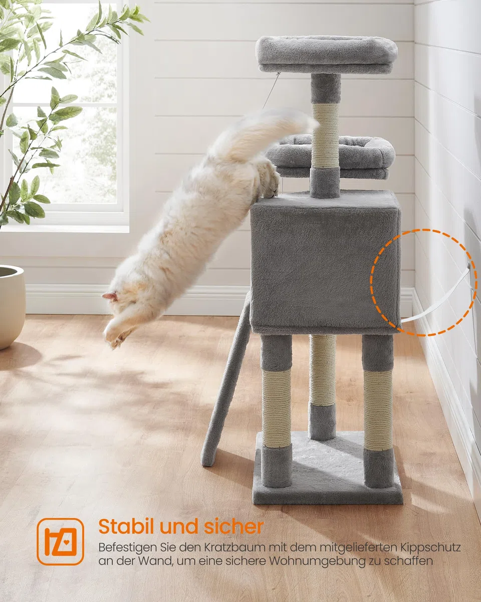 FEANDREA Kratzbaum klein, Katzenbaum mit Kratzbrett, Plattformen, für Katze, weicher Plüsch, 115 cm, vollständig mit Sisal umwickelte Säule, hellgrau PCT141W01