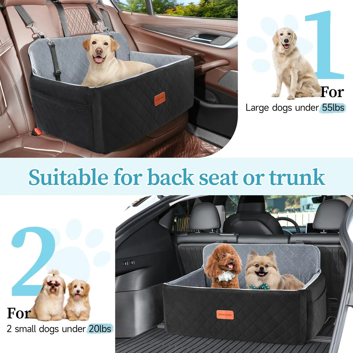Hunde autositz für mittlerer/große Hunde, Hundeautositz für mittlerer oder 2 kleine Hund, Abnehmbarer & waschbarer Hundesitz Auto, Hundebett Auto für den Rücksitz mit 2 Sicherheitsleinen