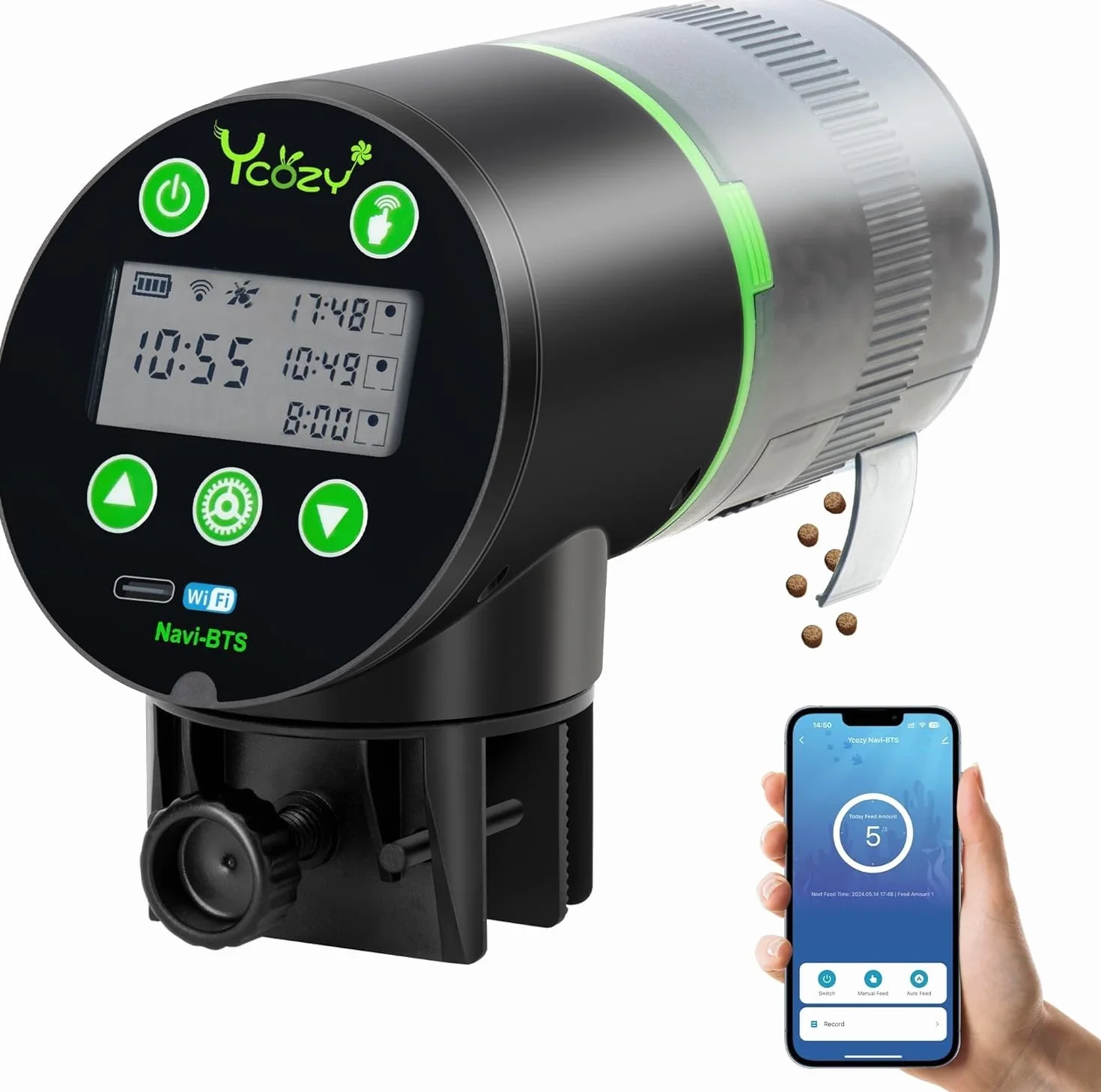 Ycozy WiFi Fischfutter Automat Aquarium, Futterautomat Netzteil mit Stecker & USB-C Kabel Fischfutterspender WLAN Gesteuerter mit APP Automatischer Fischfutterautomat für Aquarium Navi-BTS