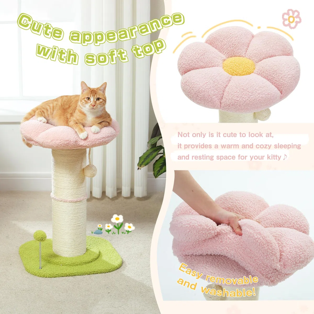 PAWZ Road Flower Katzenkratzbaum - Kleiner Katzenbaum für Indoor-Katzen Mit Super Dickem Kratzbaum [Dia=14cm], Abnehmbares Blumen-Katzenbett, Federball - Rosa