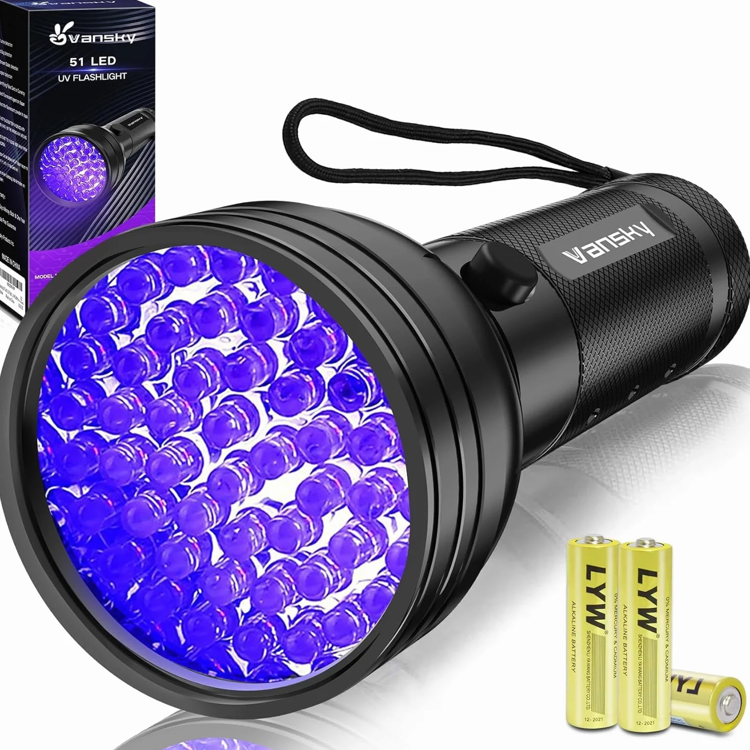 Vansky UV Schwarzlicht Taschenlampe: 395nm UV Lampe mit 51 LEDs als Urin-Detektor für Eingetrocknete Flecken Ihrer Hunde, Katzen und Nagetiere auf Teppichen Böden inkl. 3xAA-Batterien