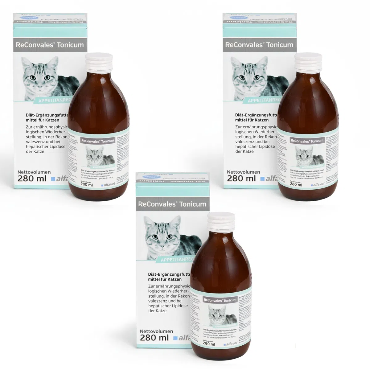 Alfavet ReConvales Tonicum für Katzen | 3er Pack | 3 x 280 ml | Diät-Ergänzungsfuttermittel | In der Rekonvaleszenz, bei Untergewicht und bei der hepatischen Lipidose der Katze