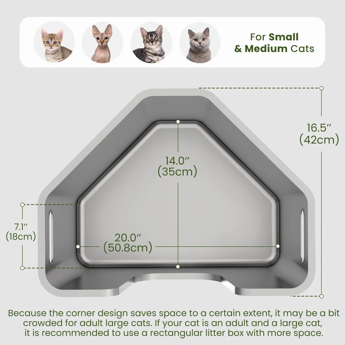 PTLOM Lebensmittelechtes Katzenklo Edelstahl Katzentoilette, Einteiliges Eck-Modell 30cm Hohe Seitenwände, Antihaftbeschichtet, Ohne Montage, Einfache Reinigung, Für Mehrkatzenhaushalte