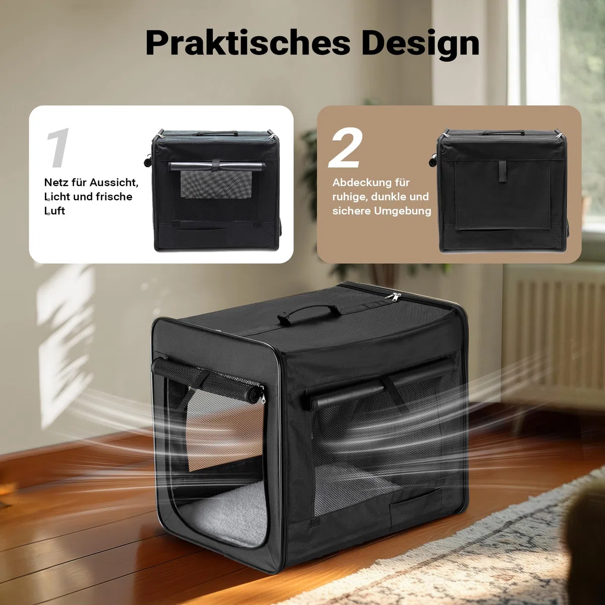 Wiltec Faltbare Transportbox für Hunde, Katze L (76x56x61 cm), robust, leicht, sicher, Hundebox mit entnehmbarem Kissen, Schwarz