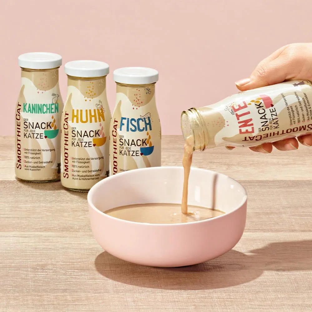 Katzen Smoothie SmoothieCat 12er Mix - je 3X: Huhn, Ente, Fisch, Kaninchen - Flüssignahrung für Katzen - Katzensuppe - Katzenmilch - Zucker- & glutenfrei - je 150ml