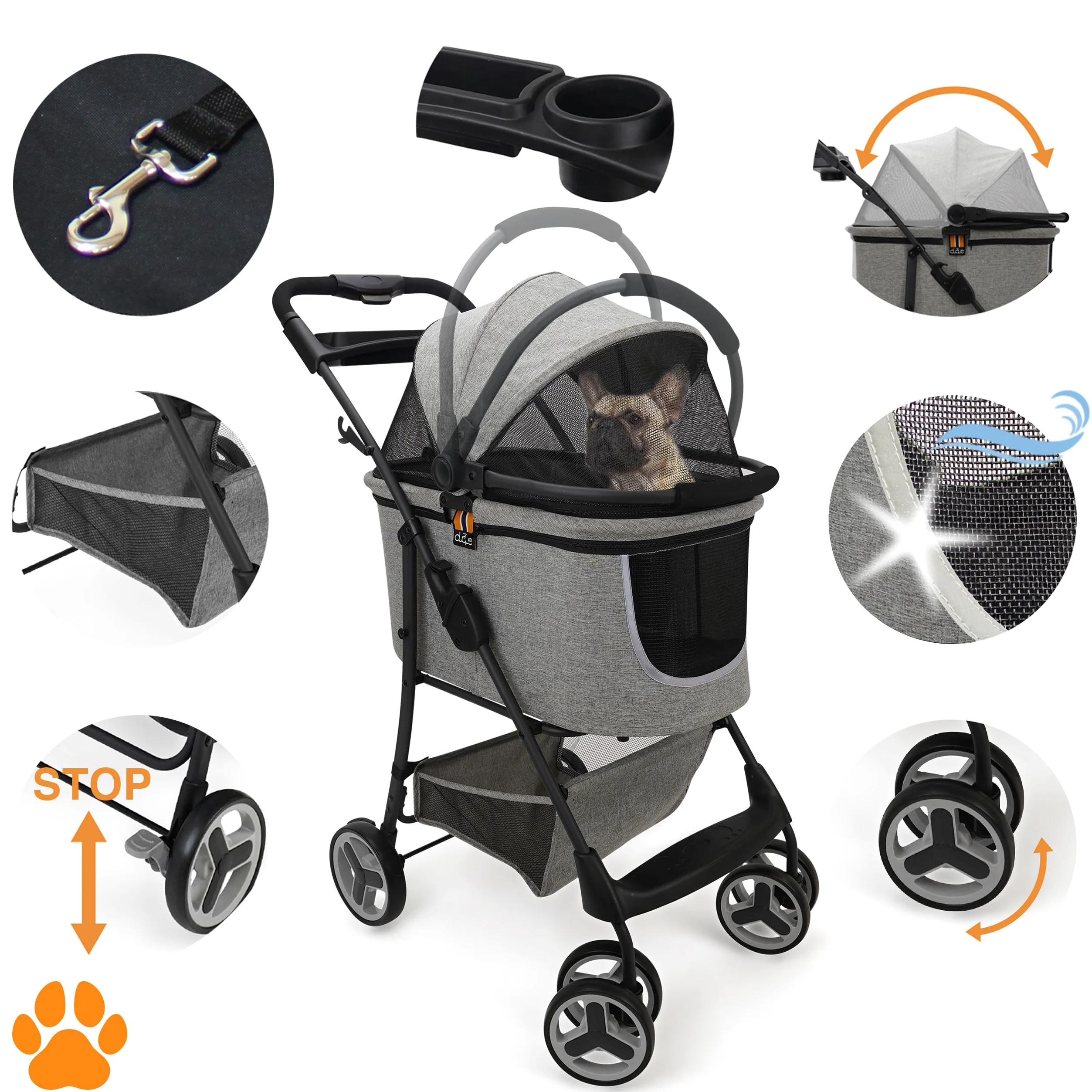 Modell CECE 2 in 1 Hundebuggy und Transportbox für Hunde | Faltbare Hundebox mit Extrakorb für Einkäufe oder Tierbedarf | Nutzung als Hundewagen oder sicherer Tragekorb – Grau-Melange