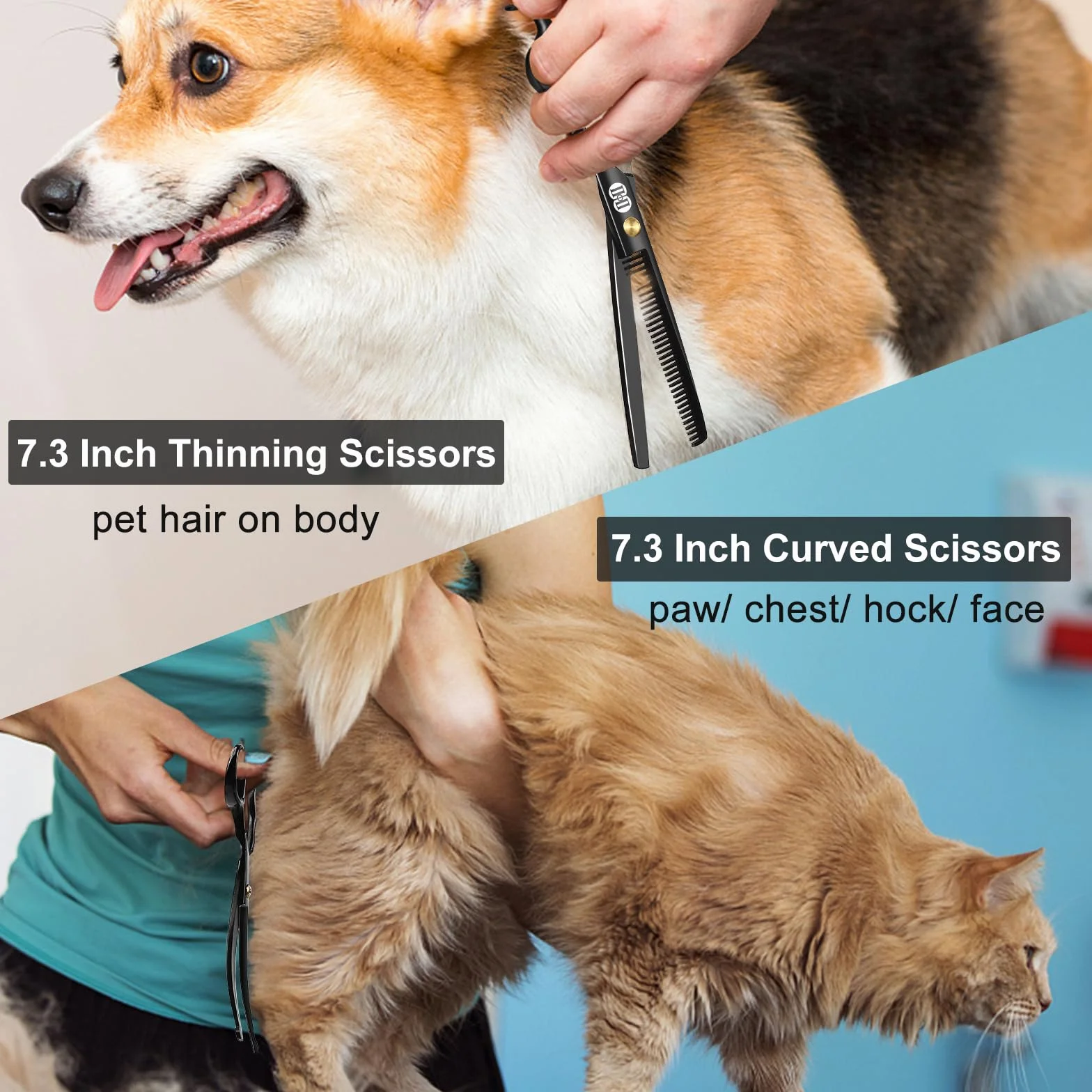 CIICII Hundeschere, 7 Zoll Profi Fellschere Hunde Set mit Runder Sicherheitsspitze (Katzen Hundepflege Effilierschere & Gebogene & Gerade Haarschere) für Fellpflege Hund Katze Haustier (Schwarz)