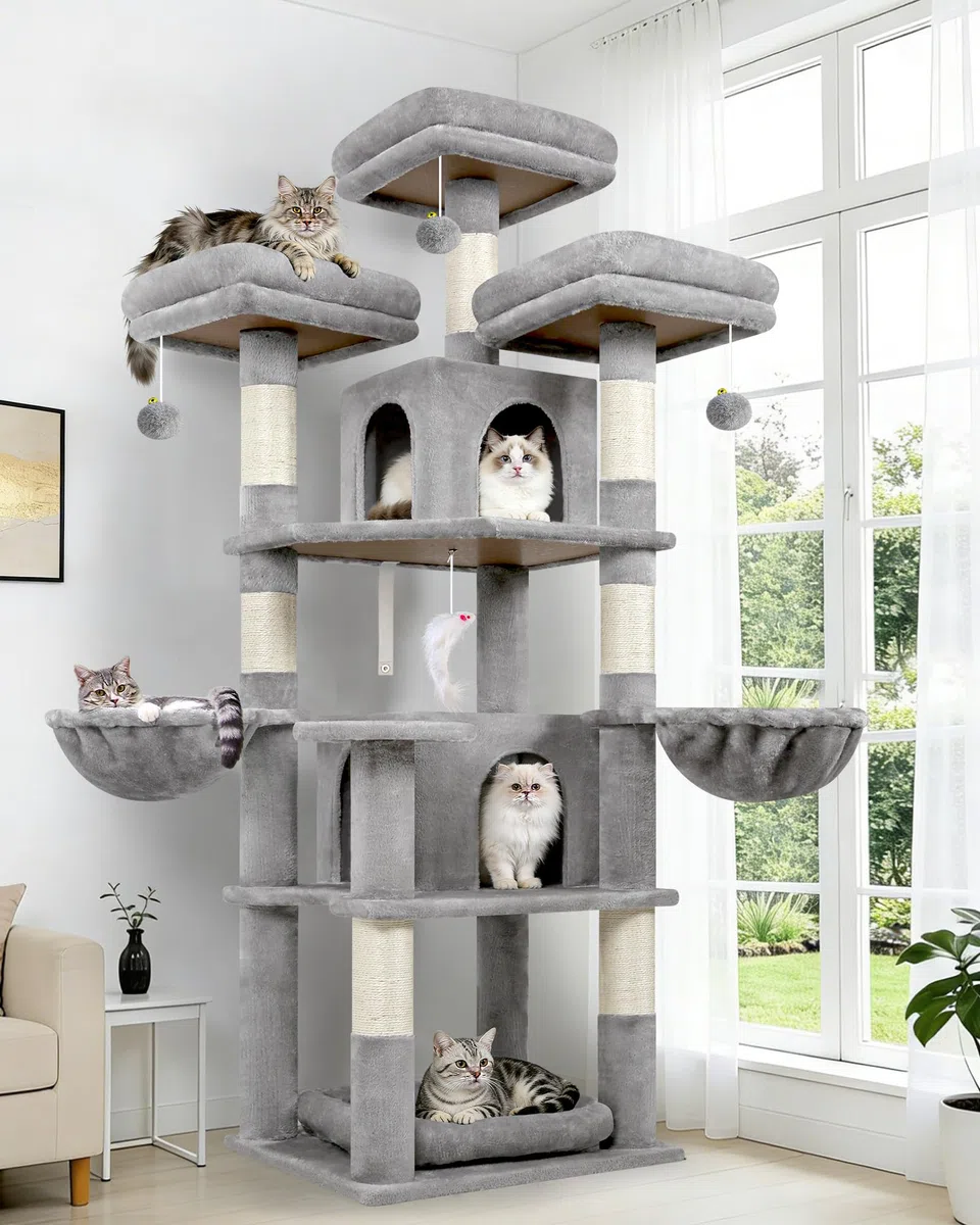 Globlazer Kratzbaum Stabil 174 cm mit 3 Gepolsterte Sitzstangen, 2 Katzenhaus, 2 Korb, Abnehmbares Haustierbett, Sisalstämmen, Schloss Katzenbaum für 2-4 Erwachsene Katze Innen (F68B, Hellgrau)