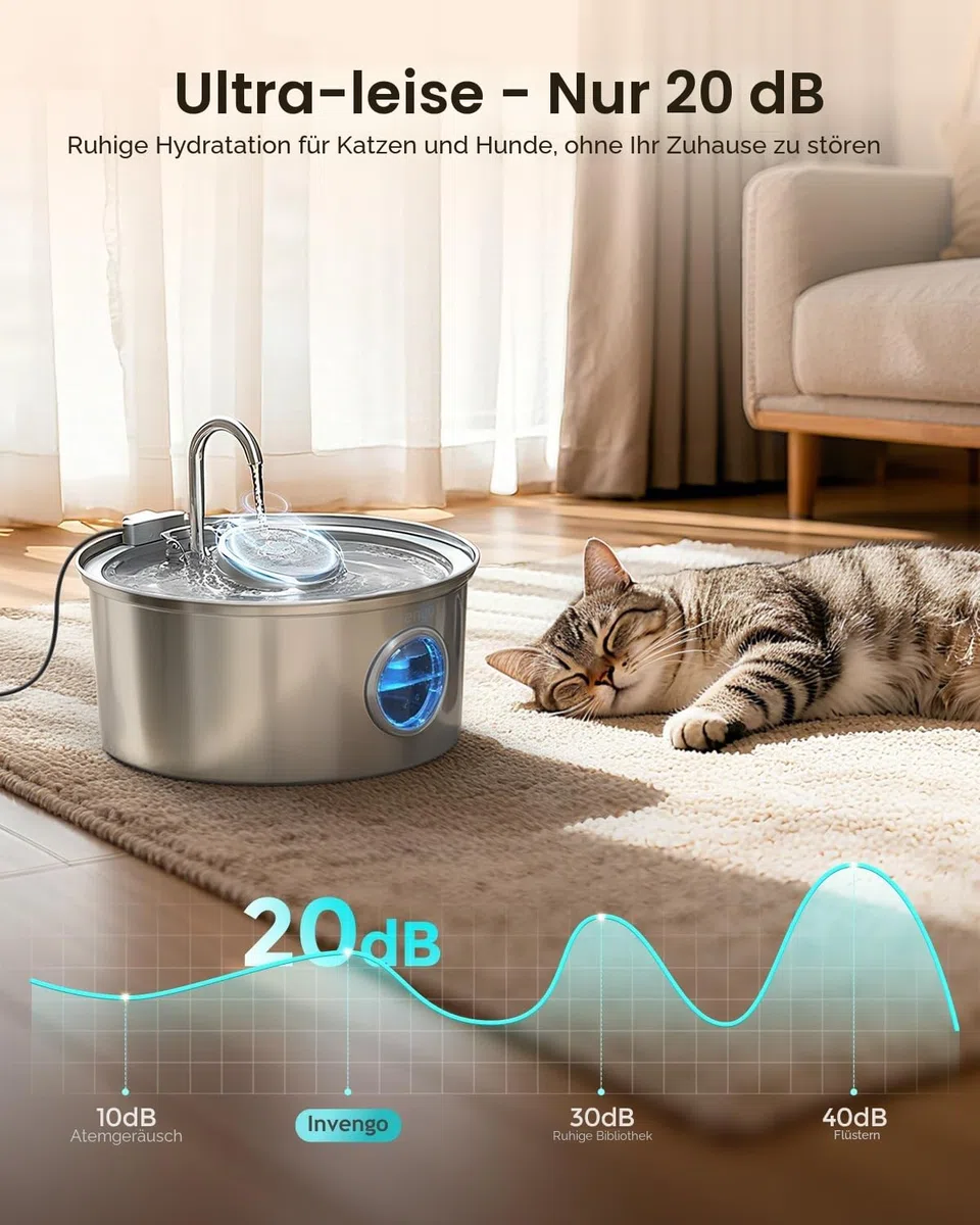 Invengo Katzenbrunnen Edelstahl, 3.2L Ultra-Leiser Trinkbrunnen für Katze mit Wasserstandsanzeige und 5-Fach Filtersystem - Haustierbrunnen für Katzen und Kleine Hunde, Inklusive 4 Ersatzfiltern