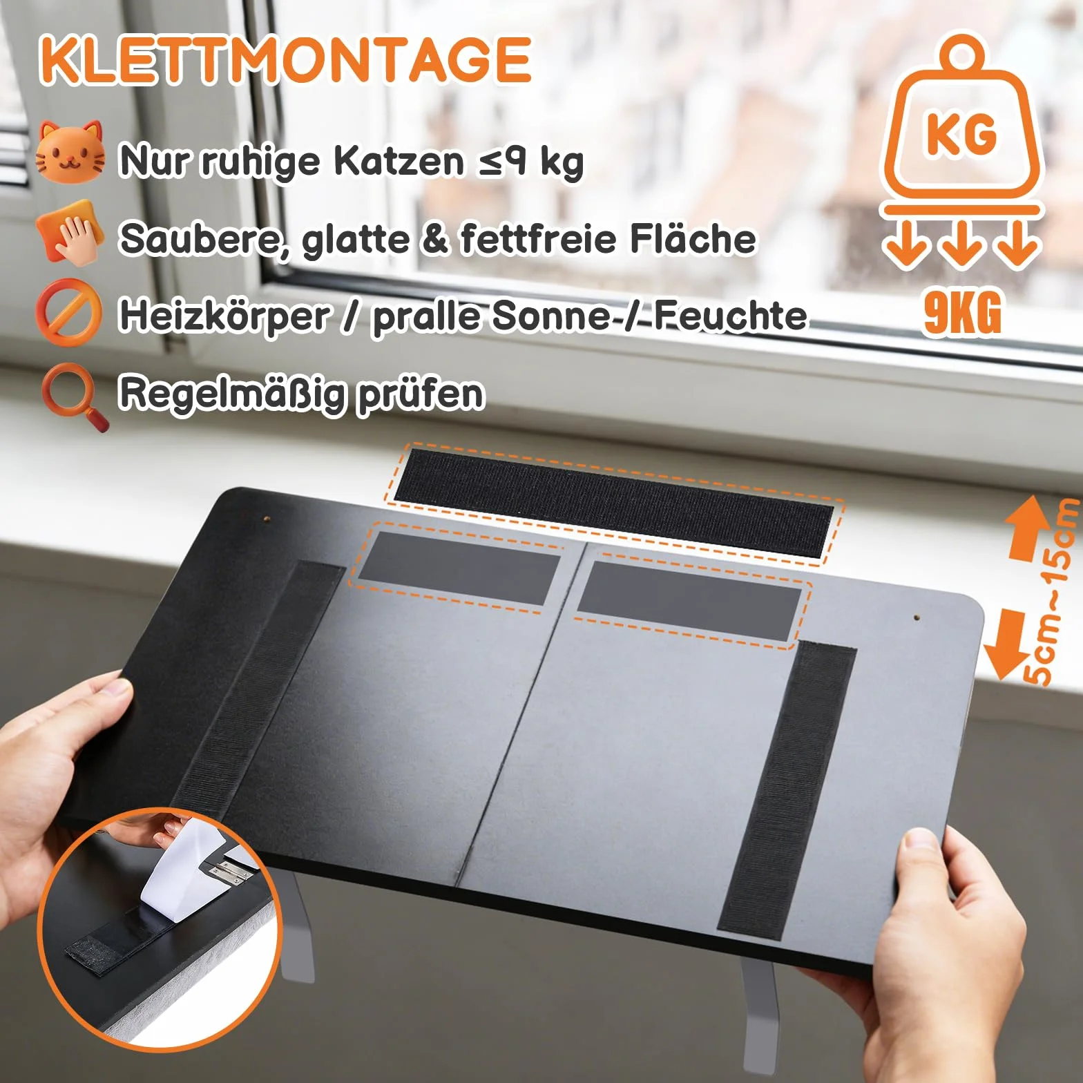 Katzen Fensterliege, Zvonema Stabiles Katzenbett Fensterbank mit Metallbefestigung, 61 x 30 cm Große Hängematte Katze, bis 15kg, Weicher Grauer Plüsch, Abnehmbar & Waschbar (Schwingungsgedämpft)