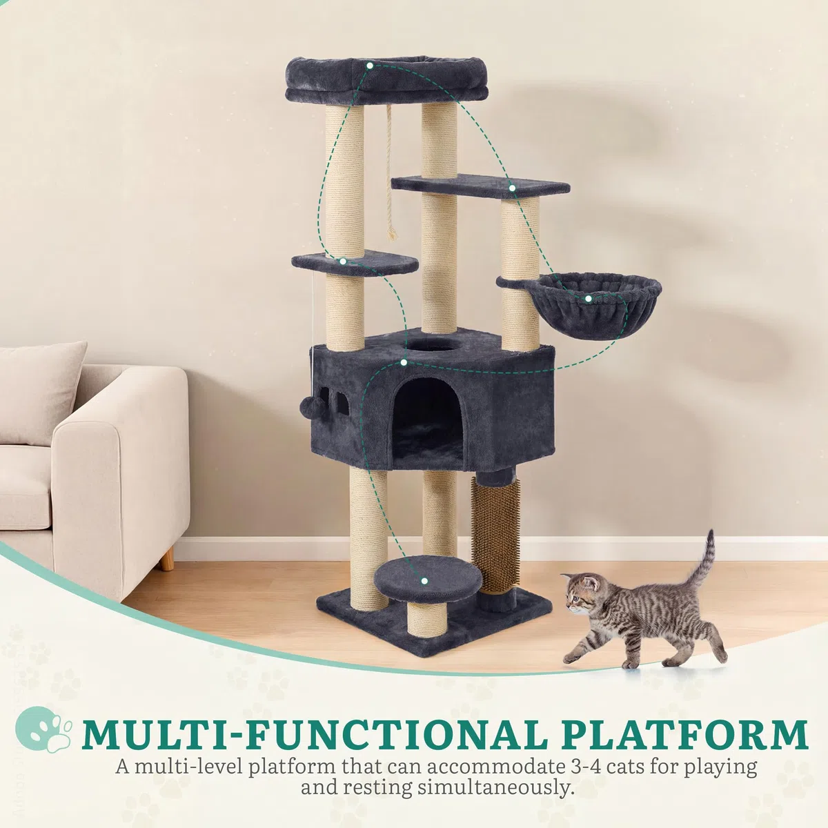 YITAHOME Kratzbaum, Katzenkratzbaum, für Große Katze, Katzenbaum, Katzenbürsten, 11 cm Dicke Stämme, Große Plattformen, Plüschkissen, Höhle, 50 x 50 x 157 cm, Dunkelgrau