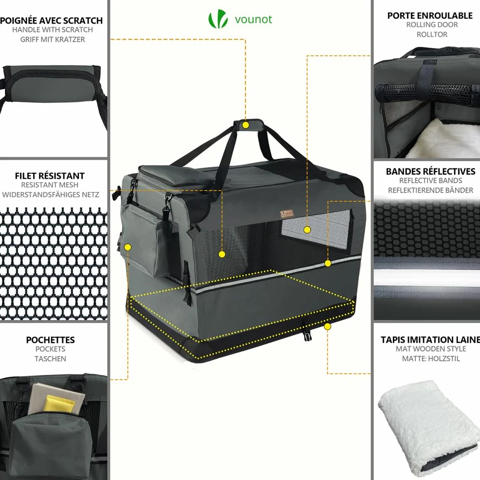 VOUNOT Hundebox faltbar, Transportbox Katze Hunde, Hundetasche, Oxford-Gewebe, Netzstoff, Atmungsaktiv, Transportabel, Metallrahmen, mit Griffen, Taschen, 60x44x44cm M, Grau